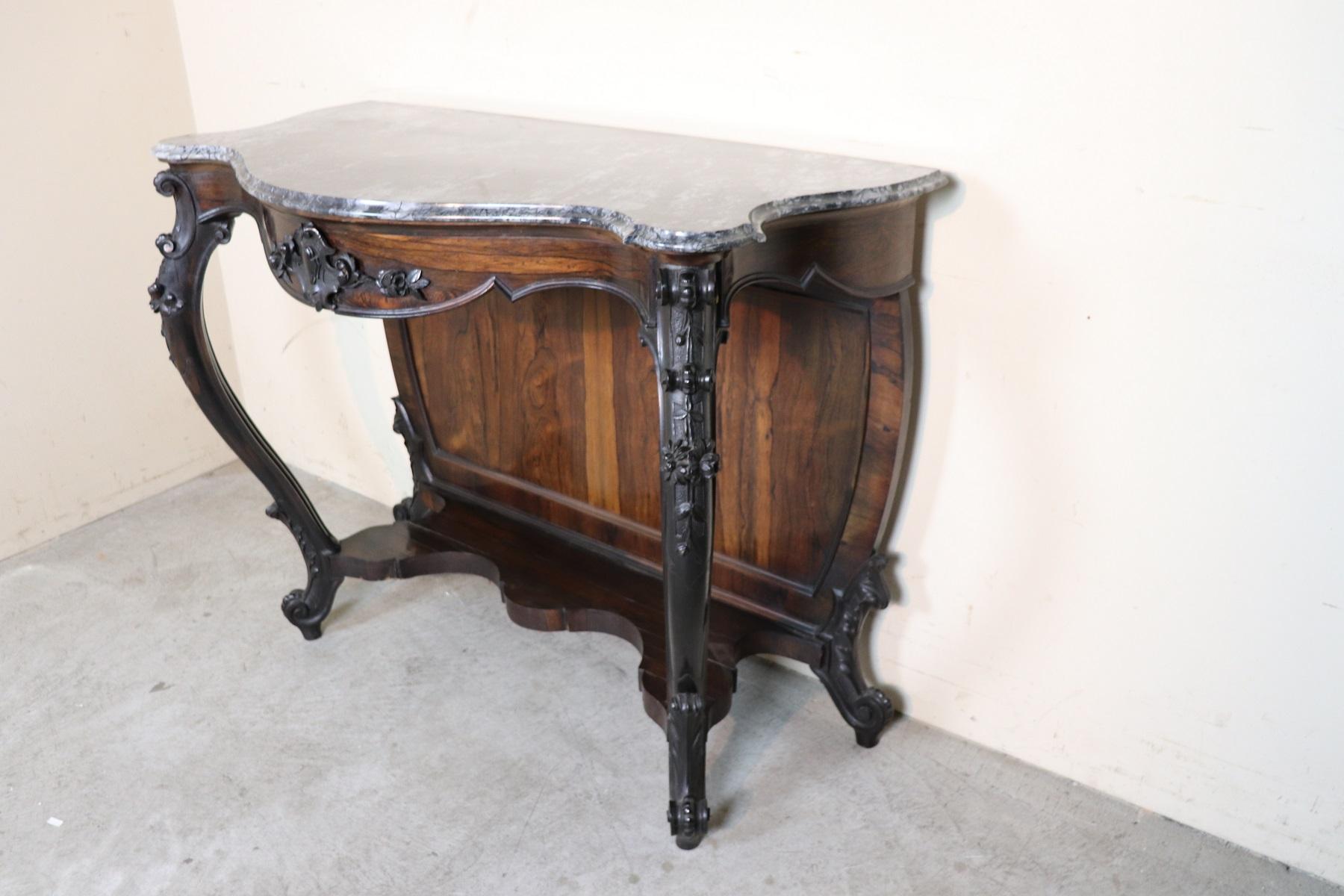 19th Century Italian Louis Philippe Rosewood Carved Marble-Top Console Table 4