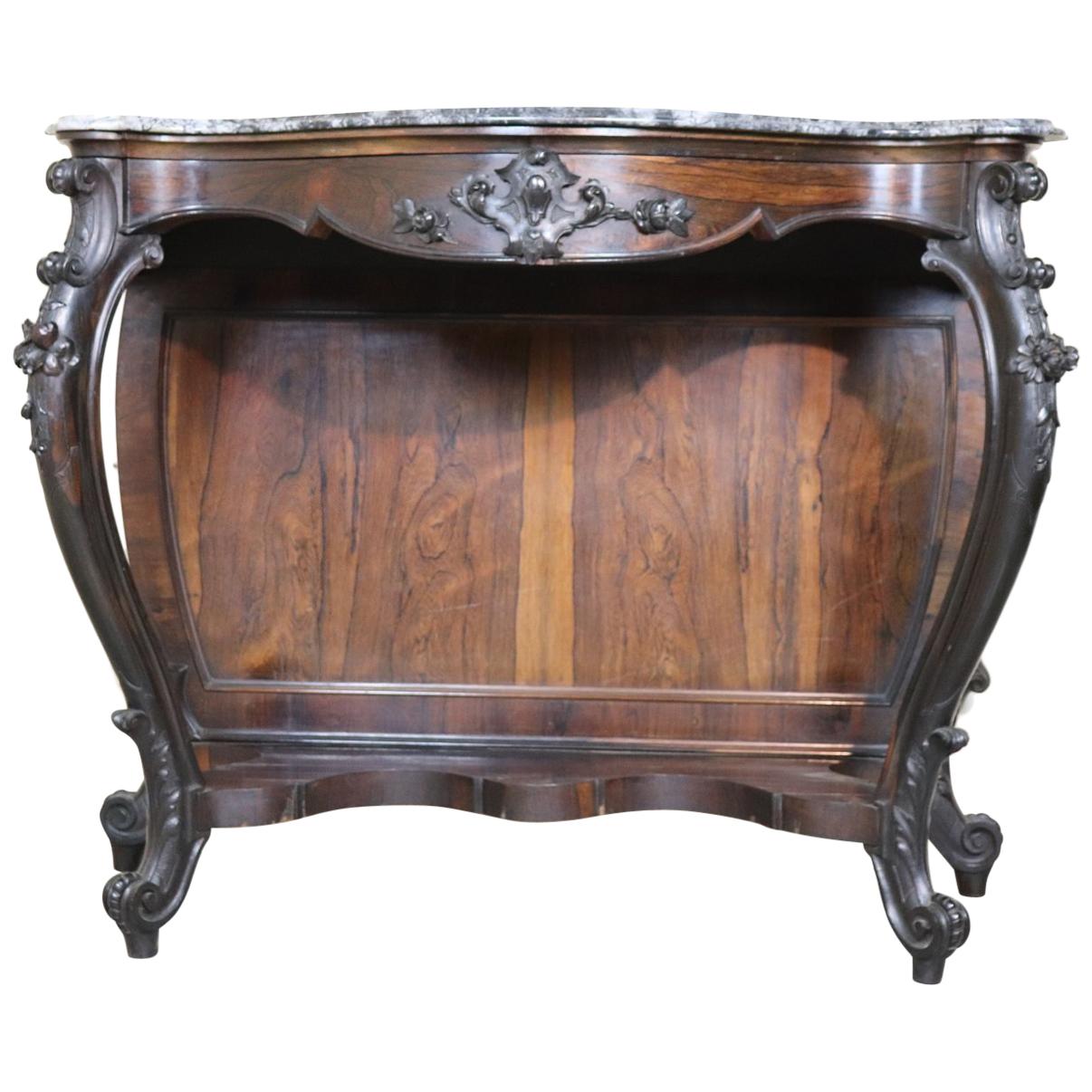 19th Century Italian Louis Philippe Rosewood Carved Marble-Top Console Table