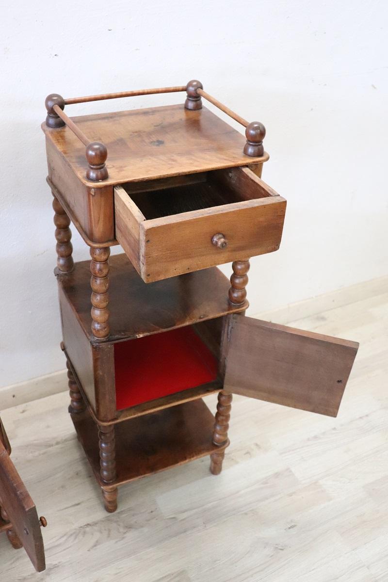 19th Century Italian Louis Philippe Set of 2 Antique Nightstands in Solid Walnut 2
