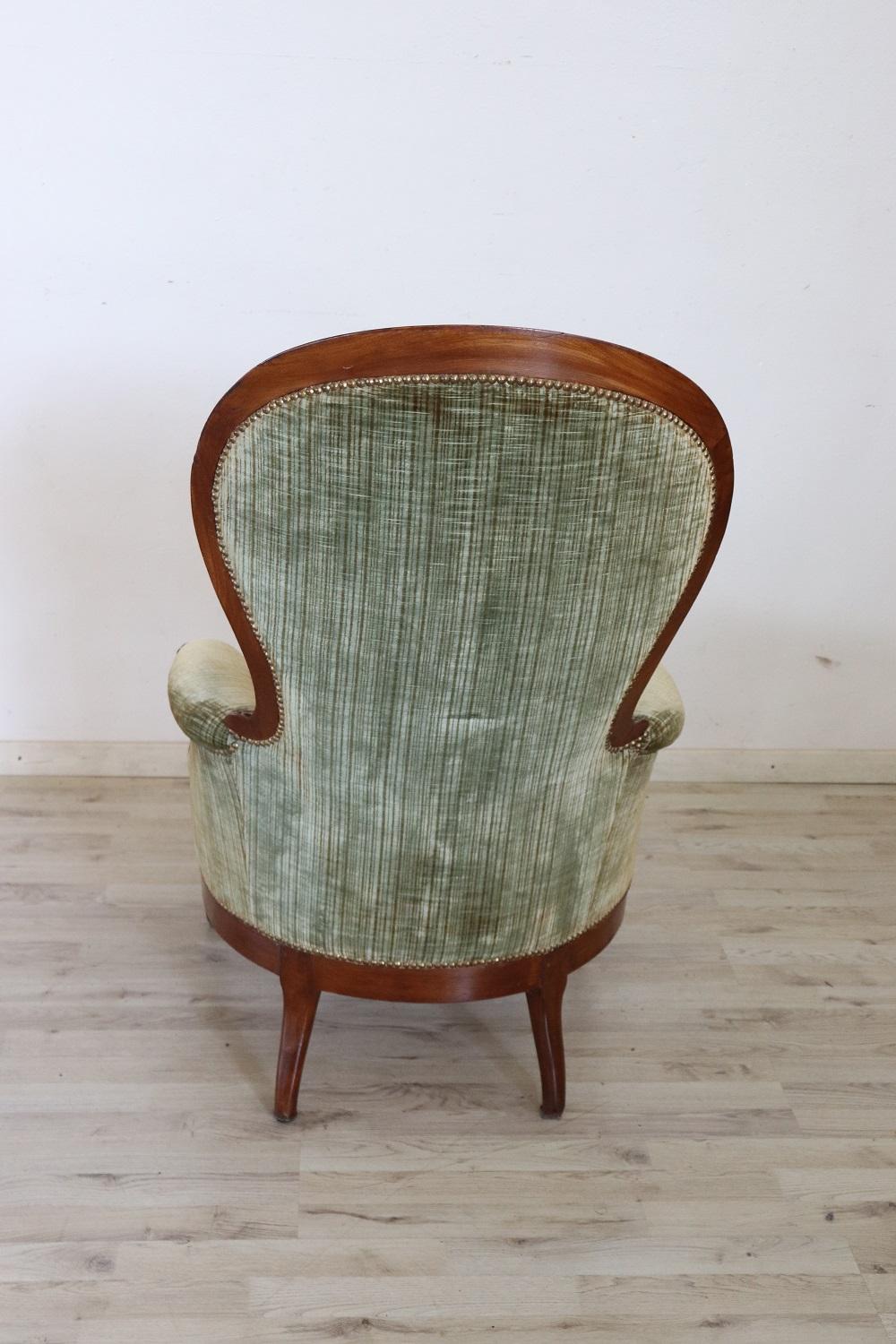 19th Century Italian Louis Philippe Walnut Antique Armchair with Velvet Seat For Sale 6
