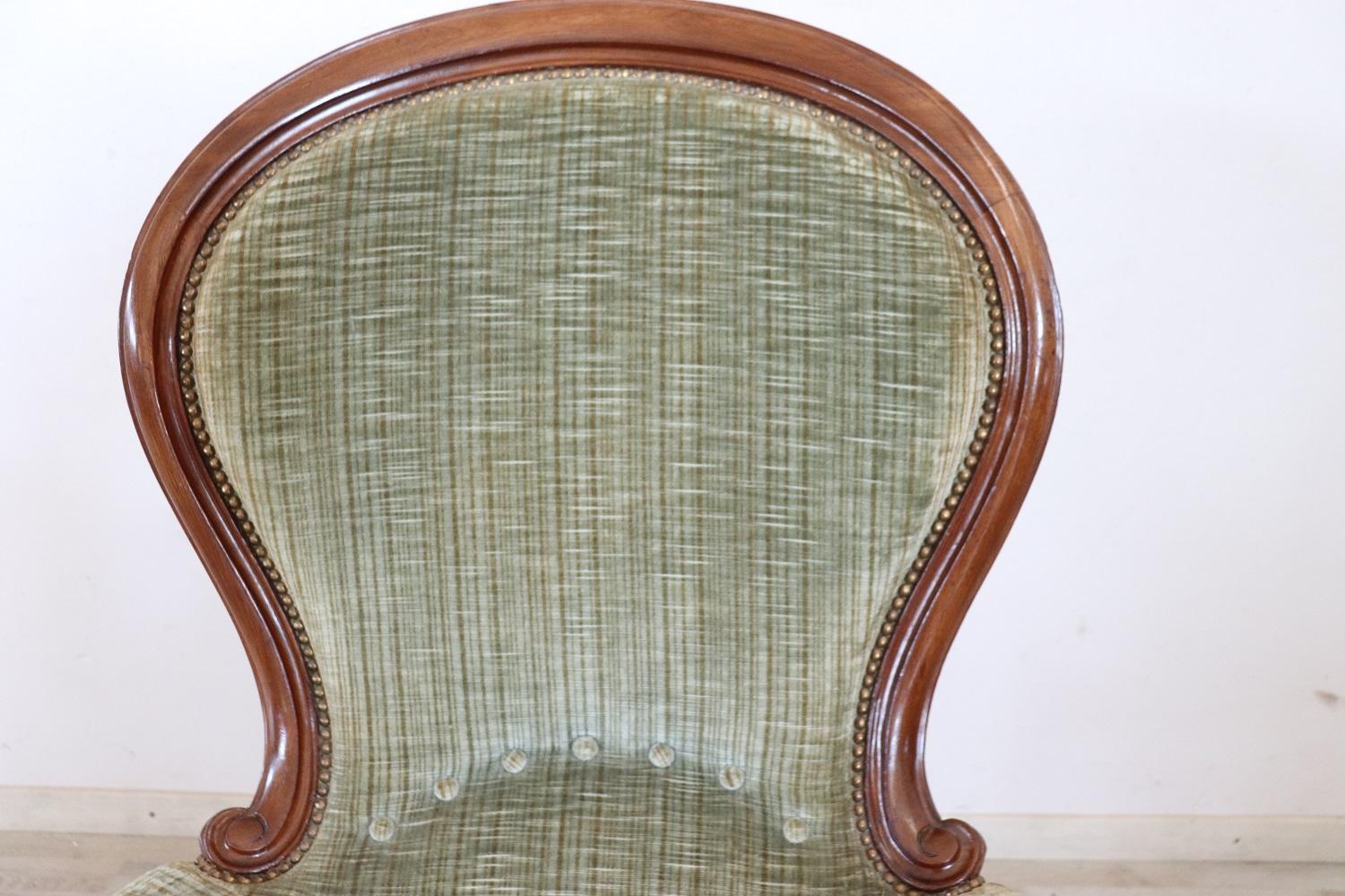 Mid-19th Century 19th Century Italian Louis Philippe Walnut Antique Armchair with Velvet Seat For Sale