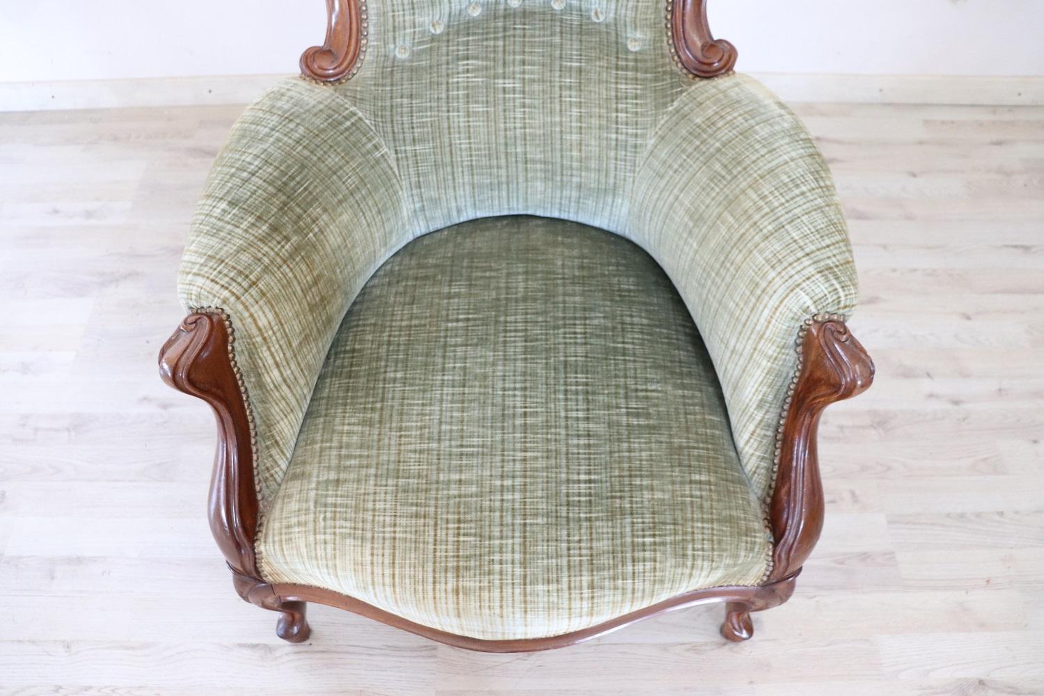 19th Century Italian Louis Philippe Walnut Antique Armchair with Velvet Seat For Sale 1
