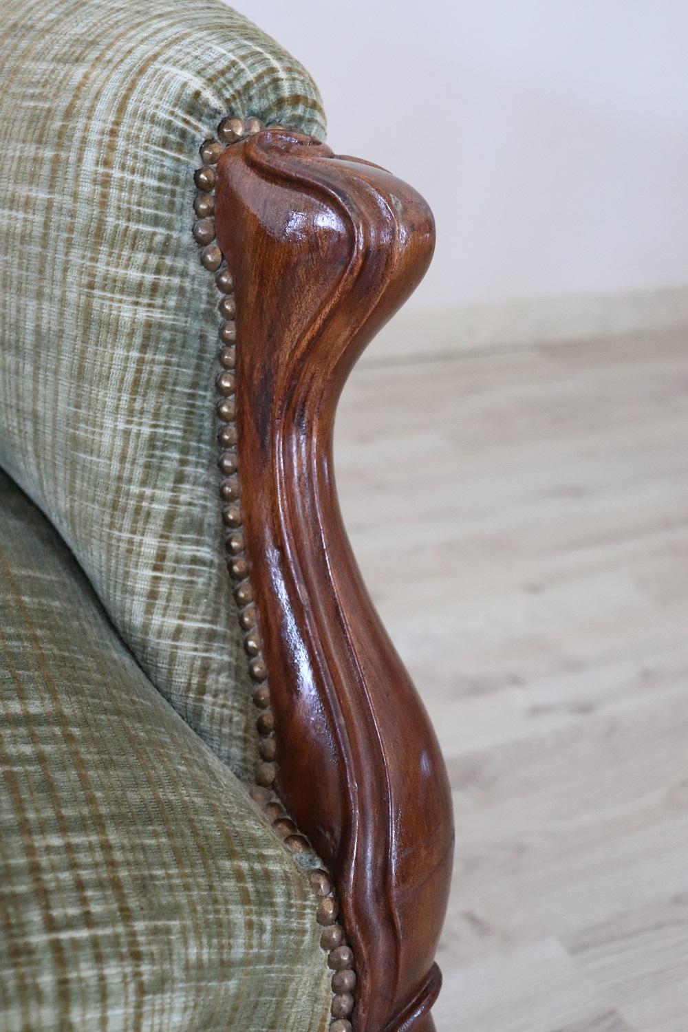 19th Century Italian Louis Philippe Walnut Antique Armchair with Velvet Seat For Sale 2