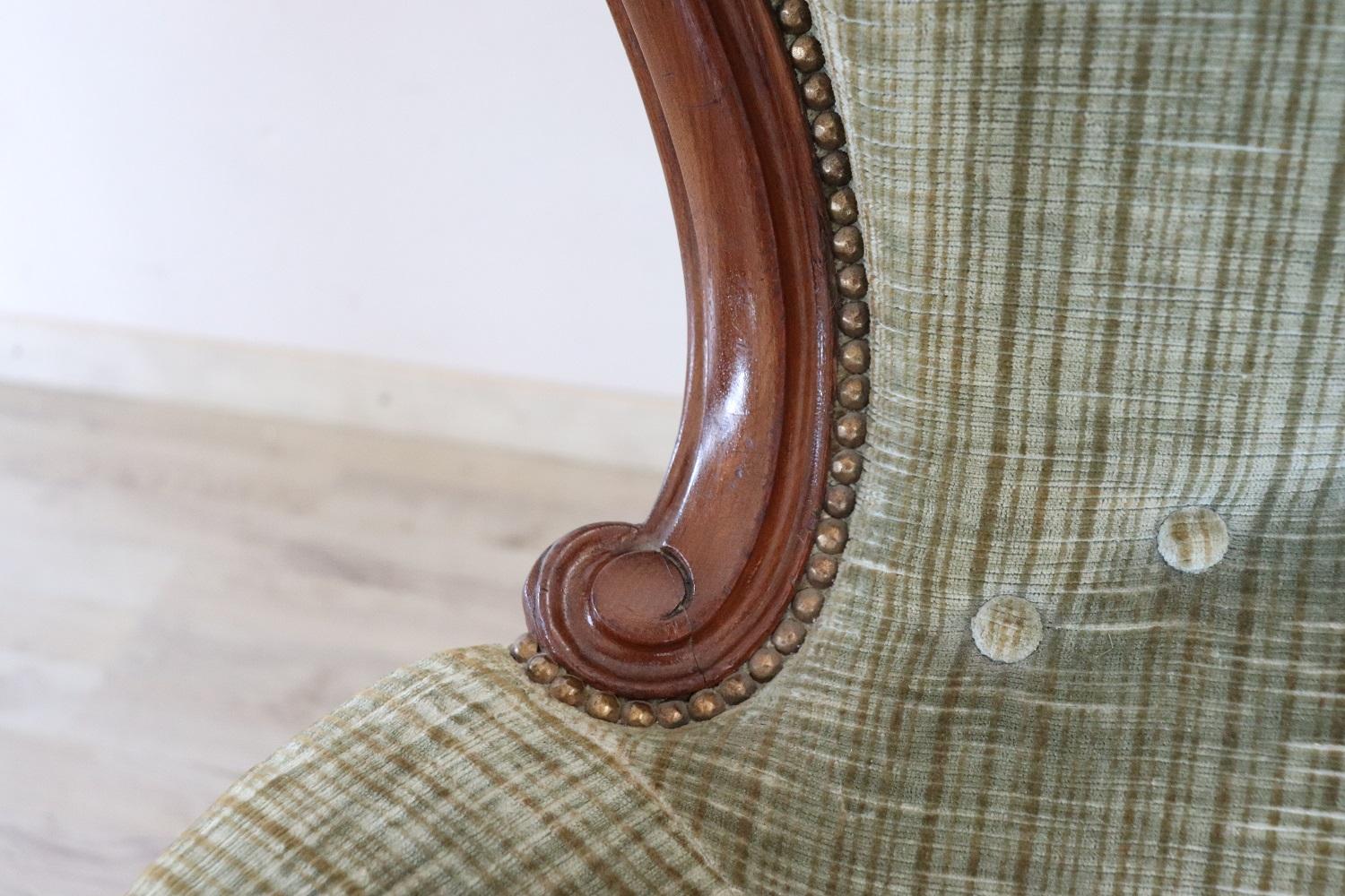 19th Century Italian Louis Philippe Walnut Antique Armchair with Velvet Seat For Sale 4