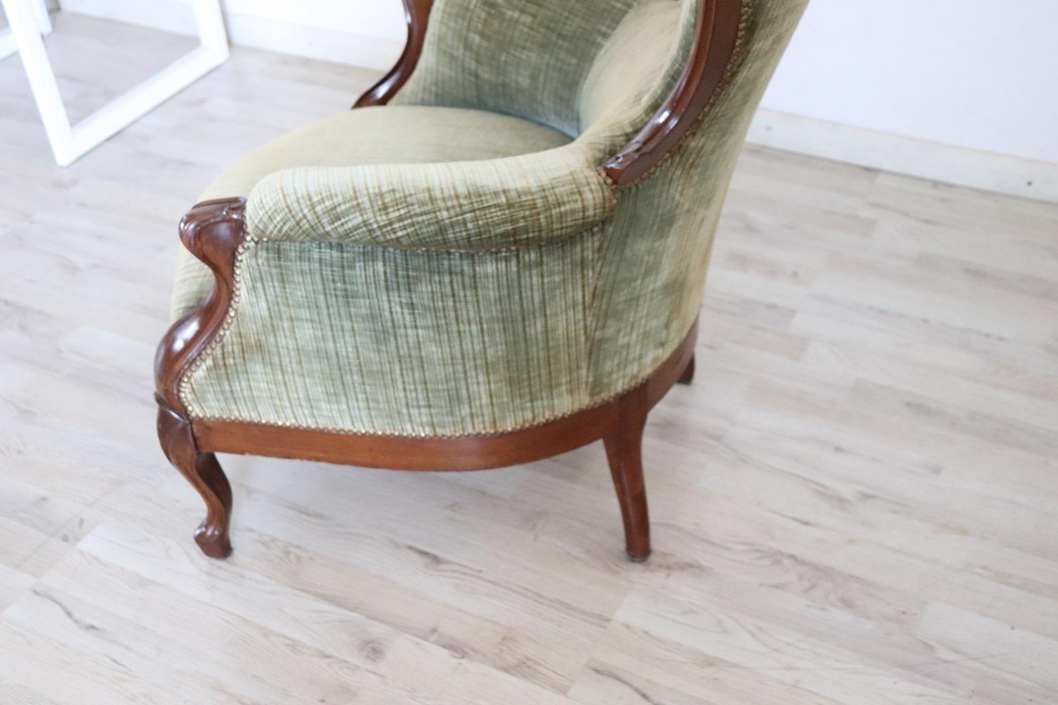 19th Century Italian Louis Philippe Walnut Antique Armchair with Velvet Seat For Sale 5