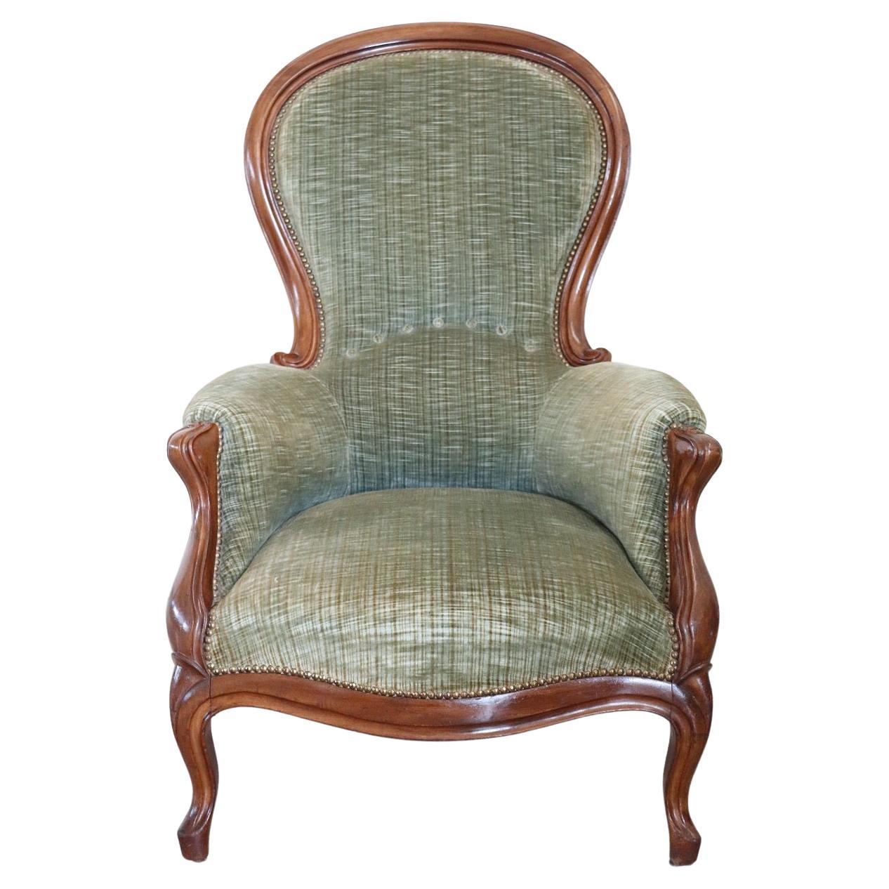 19th Century Italian Louis Philippe Walnut Antique Armchair with Velvet Seat For Sale