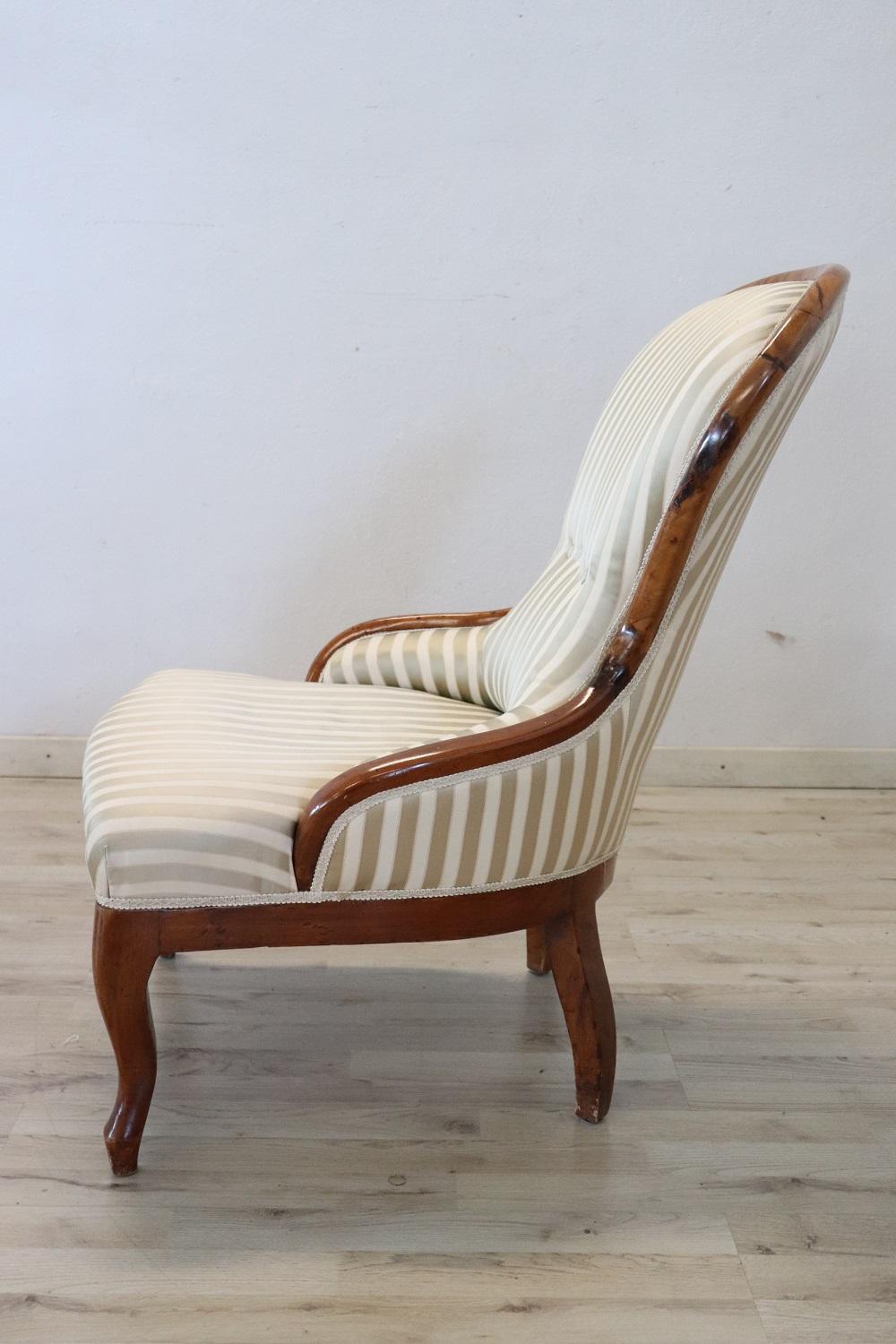 Mid-19th Century 19th Century Italian Louis Philippe Walnut Armchair with Silk Seat For Sale