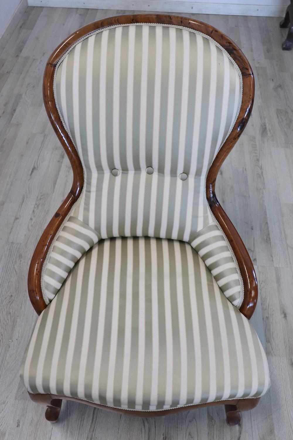 19th Century Italian Louis Philippe Walnut Armchair with Silk Seat For Sale 1
