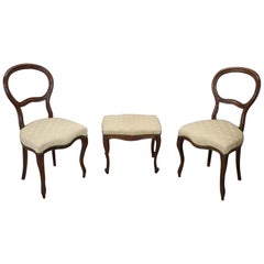 19th Century Italian Louis Philippe Walnut Two Chairs One Stool Set