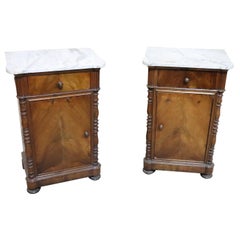 19th Century Italian Louis Philippe Walnut with Marble Top Pair of Nightstand