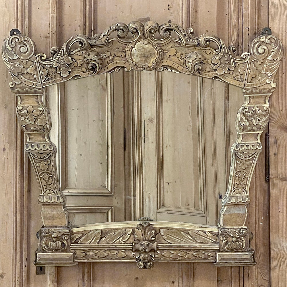 Hand-Carved 19th Century Italian Louis XIV Baroque Mirror in Stripped Fruitwood For Sale