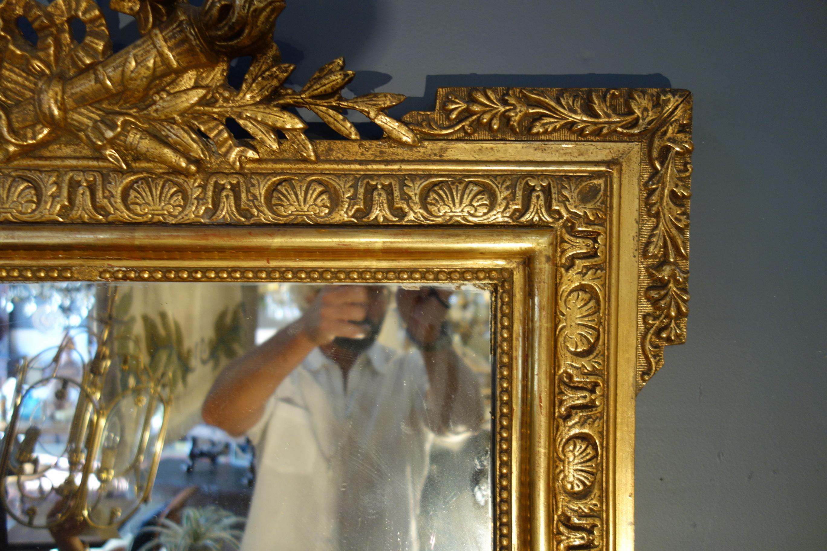 Fine gold gilt on wood hand-carved Italian mirror frame with a hand-carved quiver top centre decoration. The frame has a nice deep carved decoration of palms and acanthus leafs are at the corners. Original mirror glass.

 Measures: 48