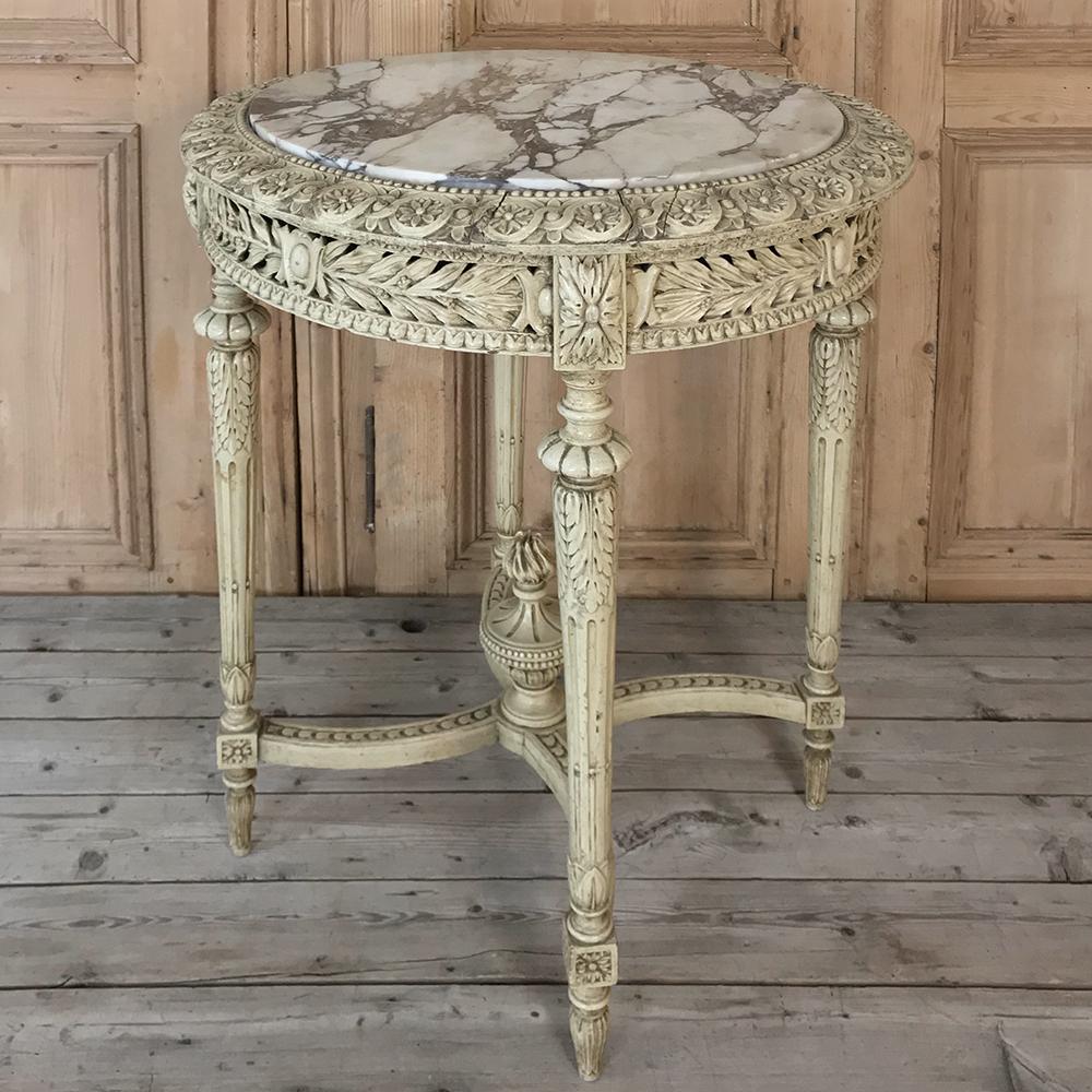 Hand-Carved 19th Century Italian Louis XIV Painted Marble-Top End Table