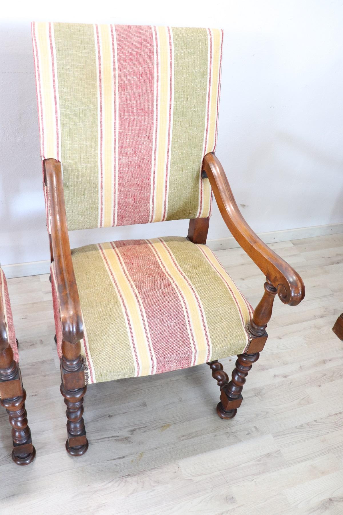 19th Century Italian Louis XIV Style Turned Walnut Pair of Armchairs 4