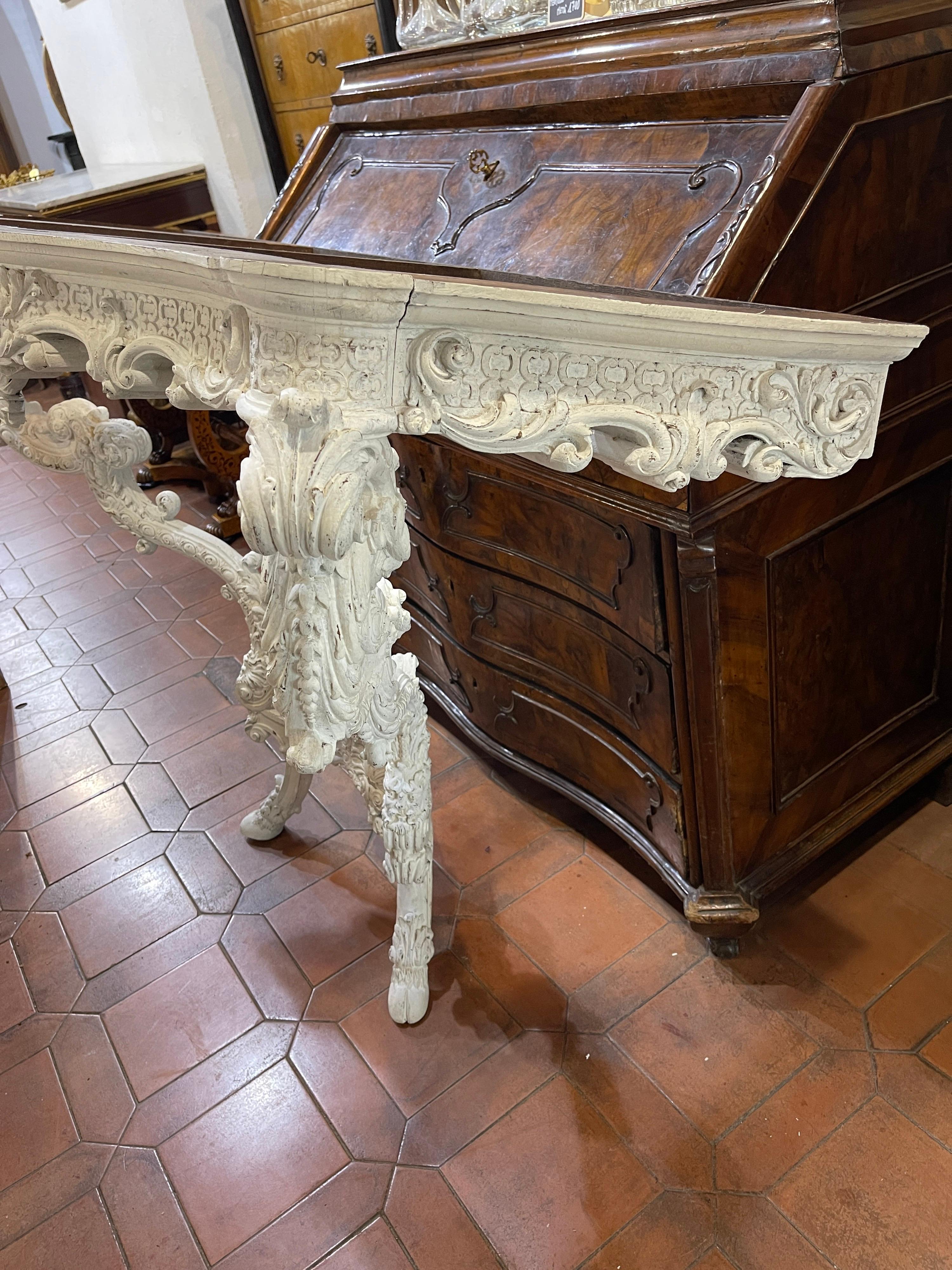 19th Century Italian Louis XV Revival Oak Lacquered Marble Console 1800 For Sale 1