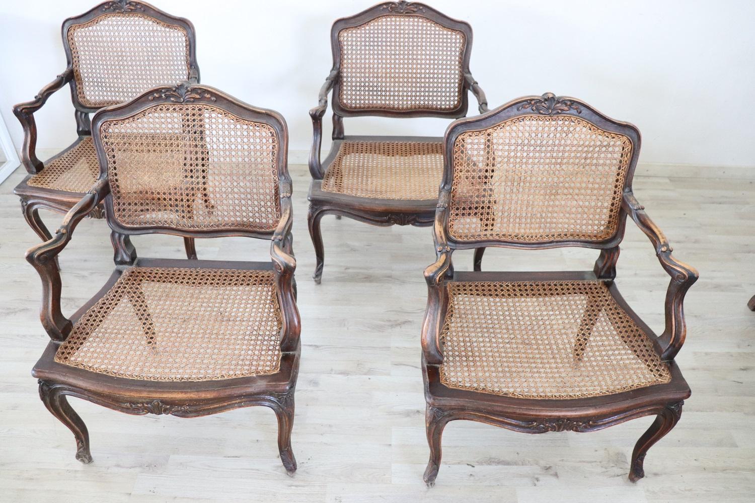19th Century Italian Louis XV Style Walnut Armchairs with Vienna Straw, Set of 4 In Good Condition In Casale Monferrato, IT