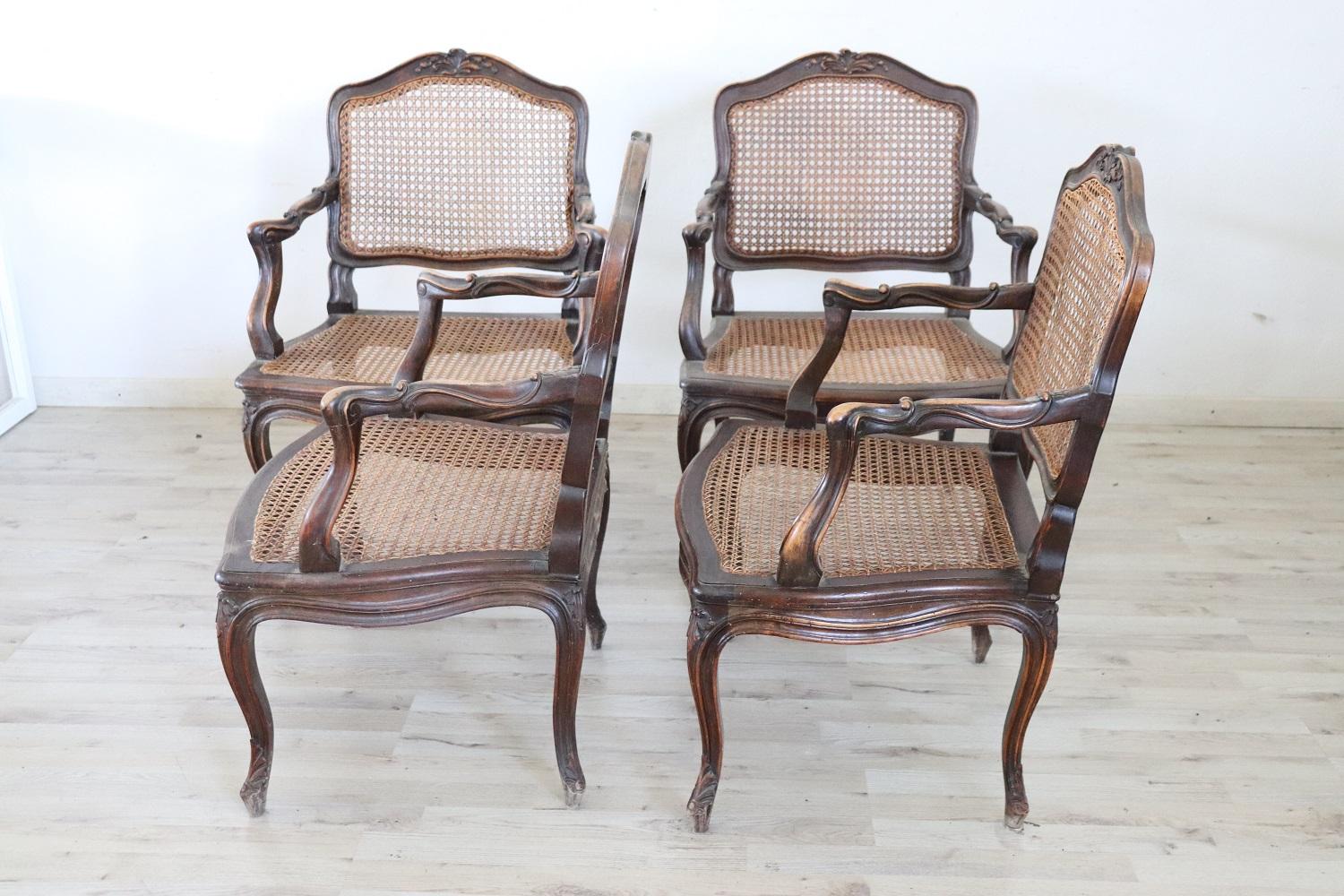 19th Century Italian Louis XV Style Walnut Armchairs with Vienna Straw, Set of 4 2