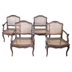 19th Century Italian Louis XV Style Walnut Armchairs with Vienna Straw, Set of 4