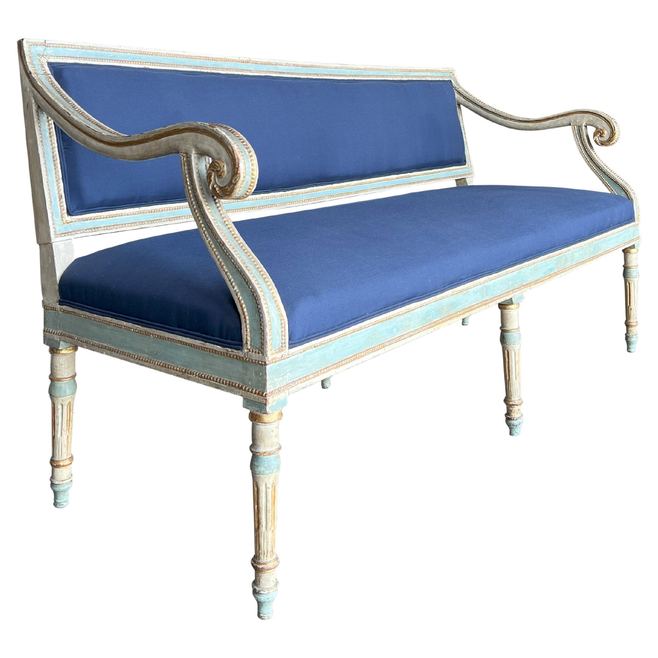 19th Century Italian Louis XVI Style Painted and Gold Gilt Bench Settee Ca 1820