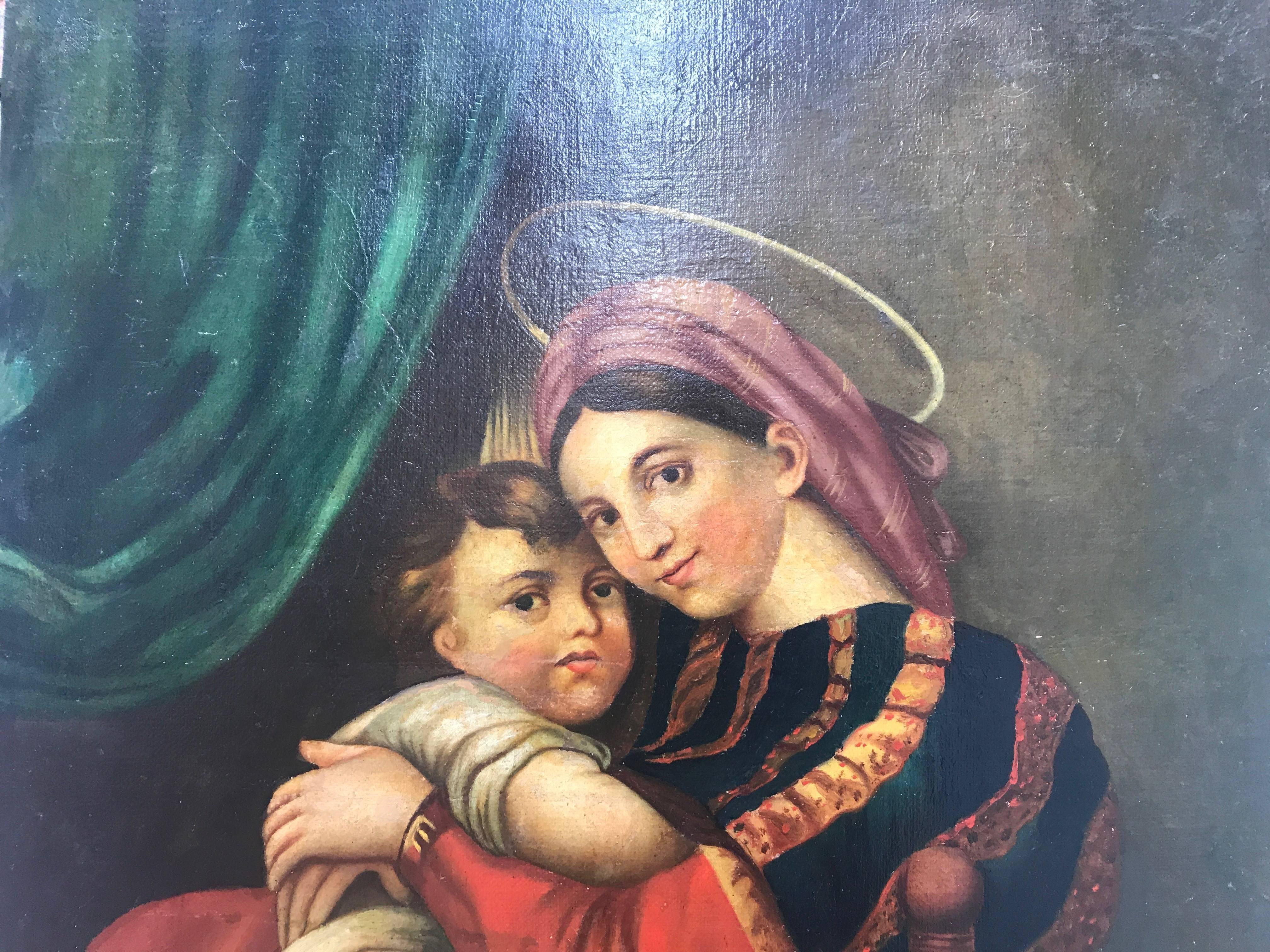 19th Century Italian Madonna of the Chair after Raphael Oil on Canvas Painting 4