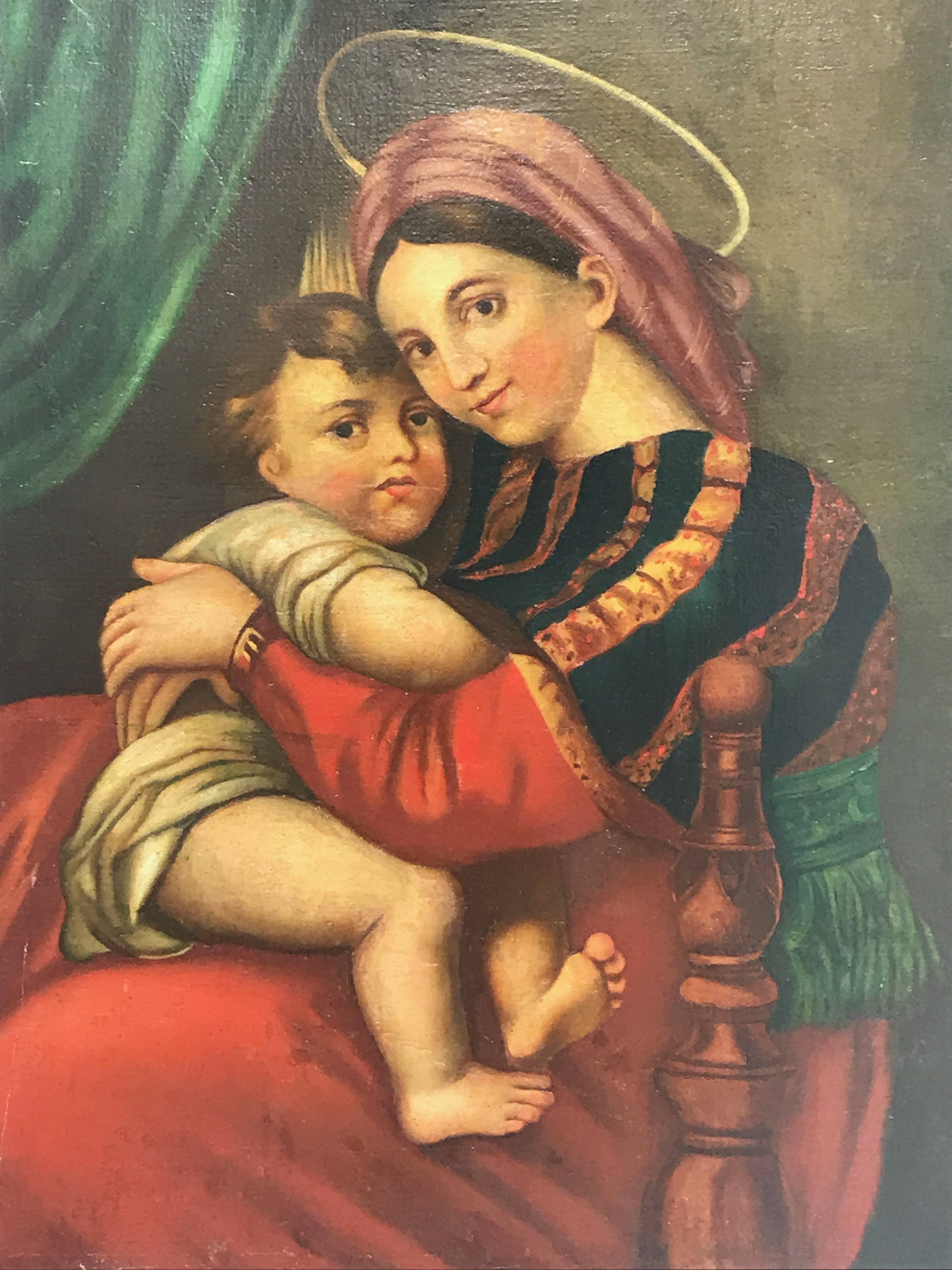 Oil on canvas religious painting depicting the Virgin with Child, dating back to second half of 19th century, it is a replica after Raphael's Madonna of the Chair, the famous Madonna della Seggiola, the Renaissance work painted around 1513, housed