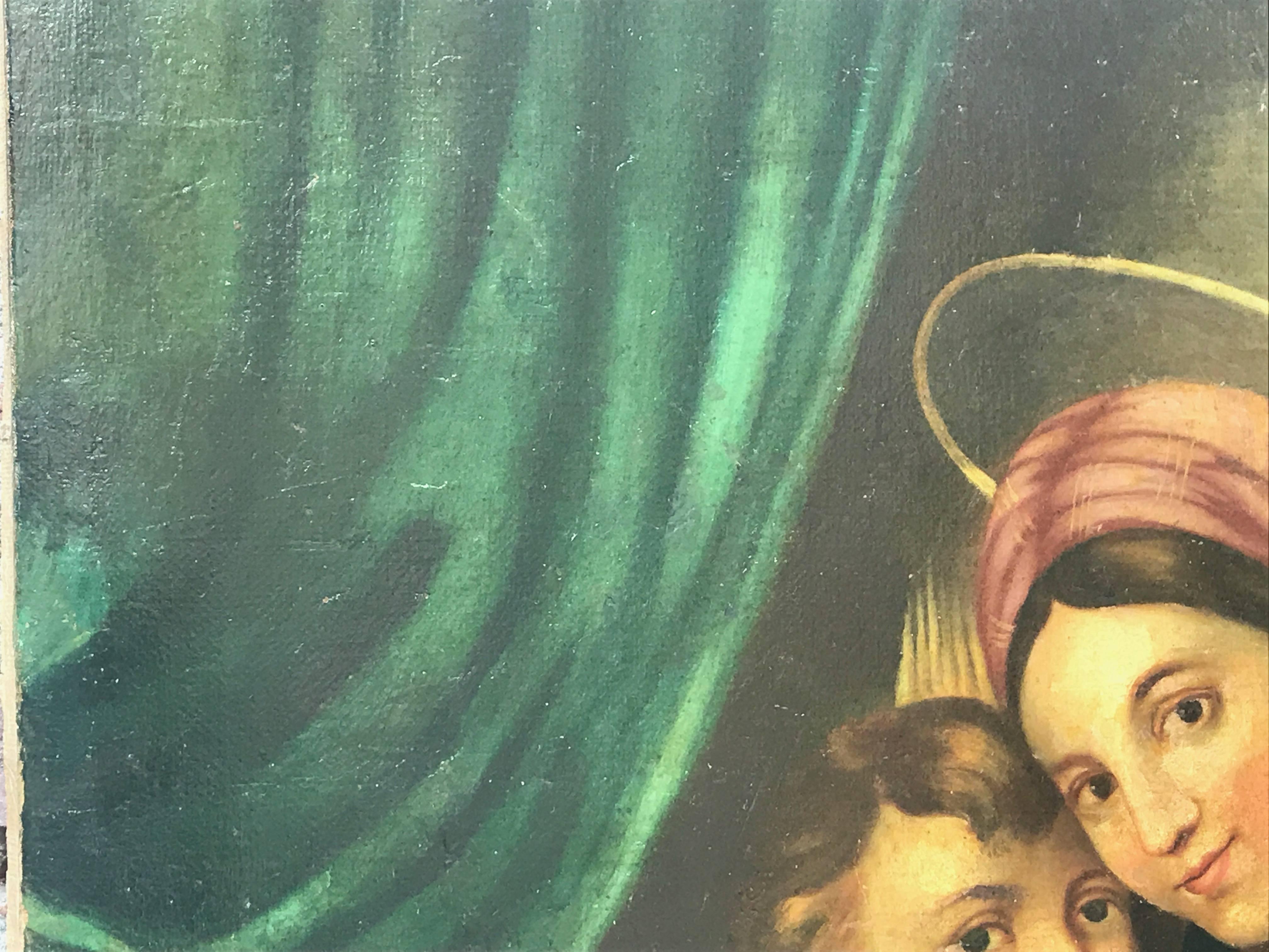 Hand-Painted 19th Century Italian Madonna of the Chair after Raphael Oil on Canvas Painting