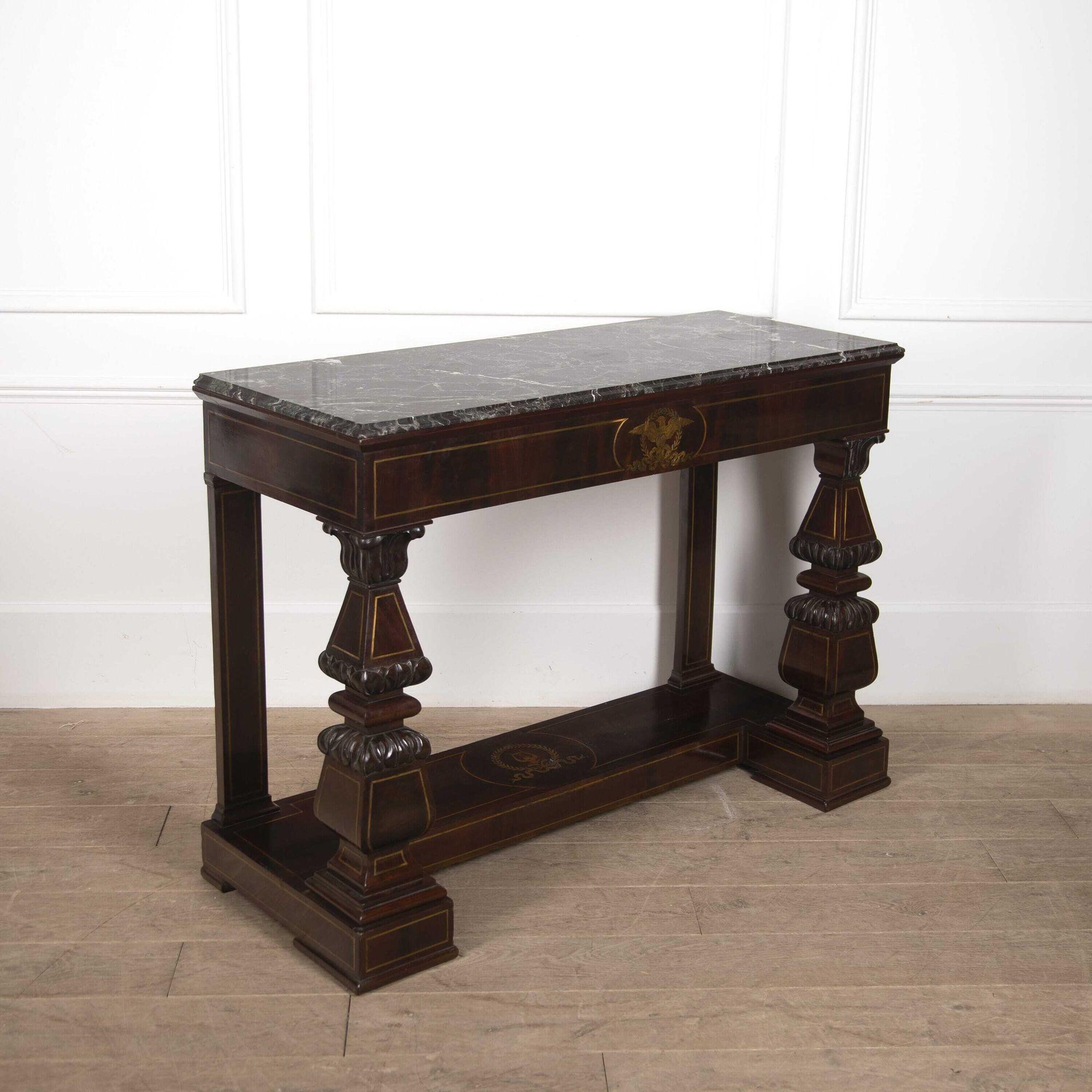 Brass 19th Century Italian Mahogany and Boule Inlaid Console Table For Sale