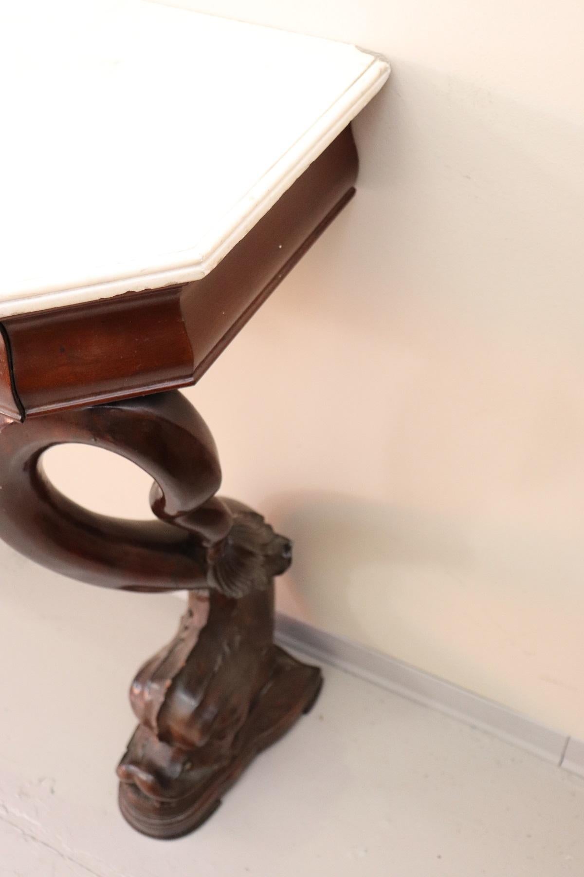 19th Century Italian Mahogany Carved Marble Top Console Table with Two Stools 6