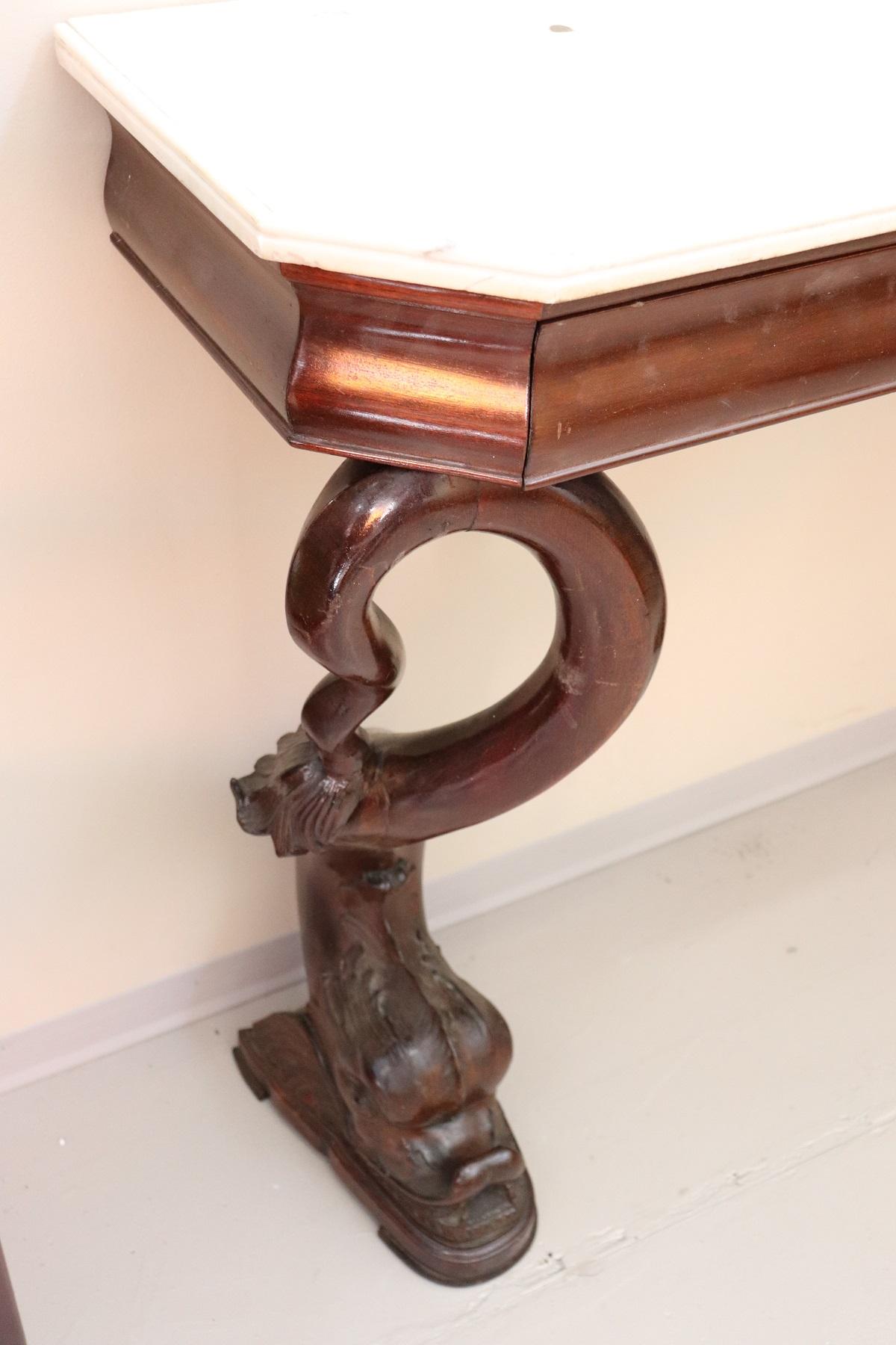 19th Century Italian Mahogany Carved Marble Top Console Table with Two Stools 7