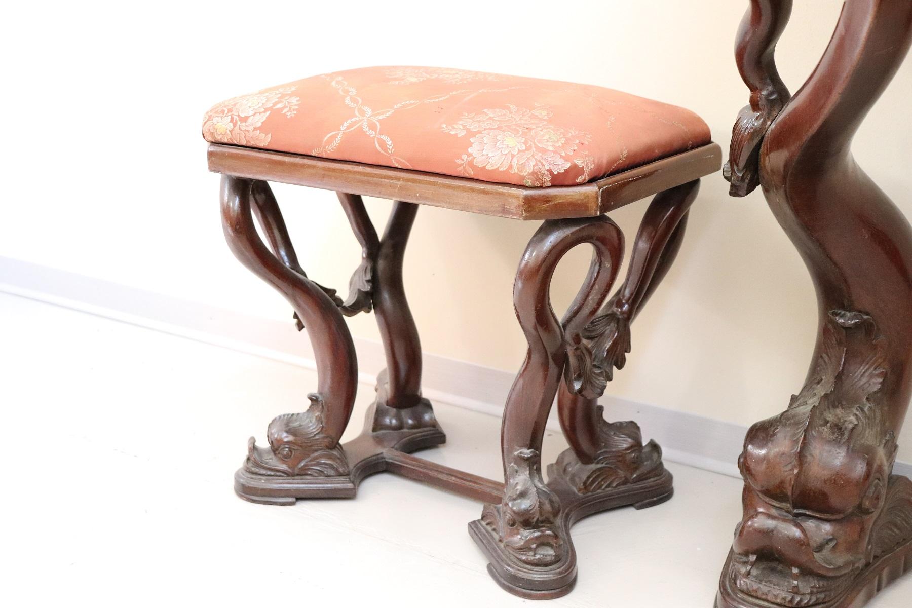 19th Century Italian Mahogany Carved Marble Top Console Table with Two Stools 8