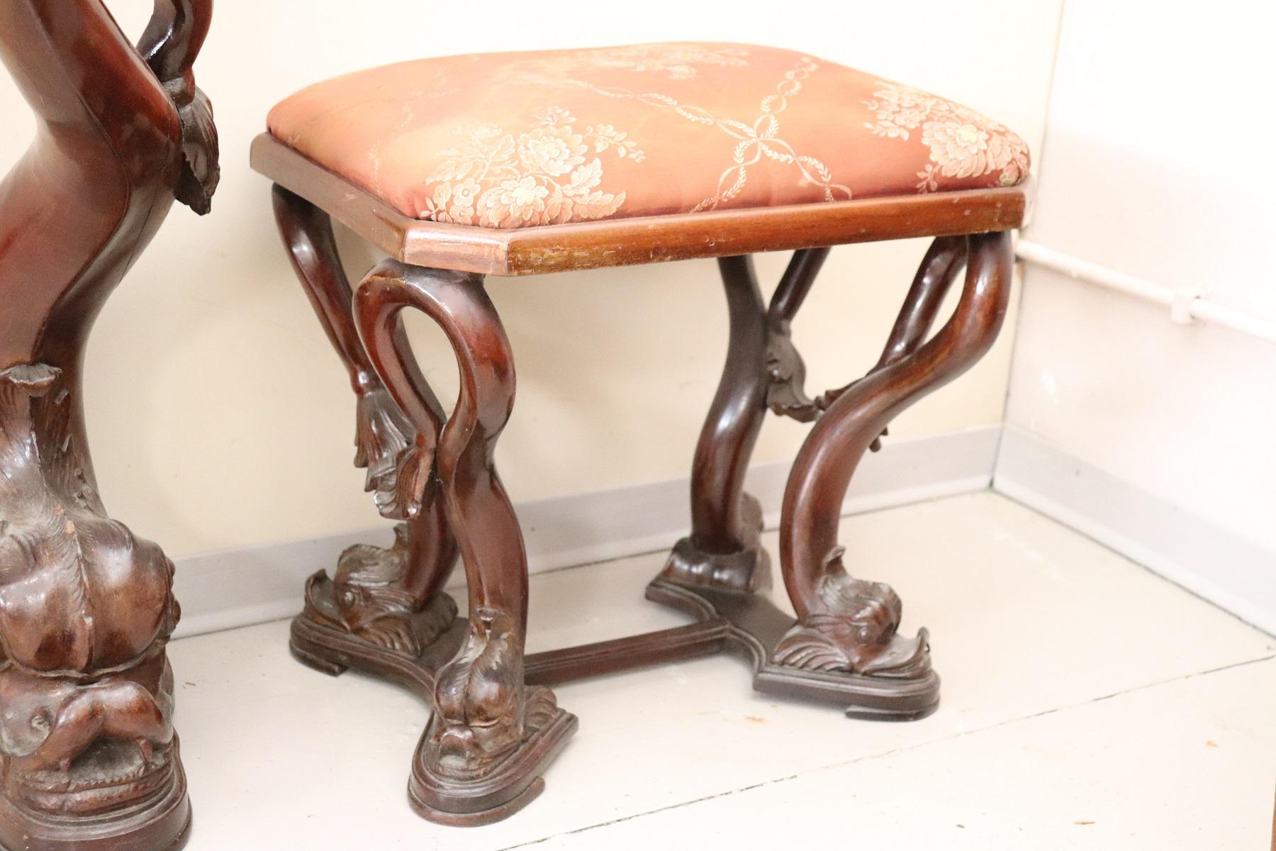 19th Century Italian Mahogany Carved Marble Top Console Table with Two Stools 9