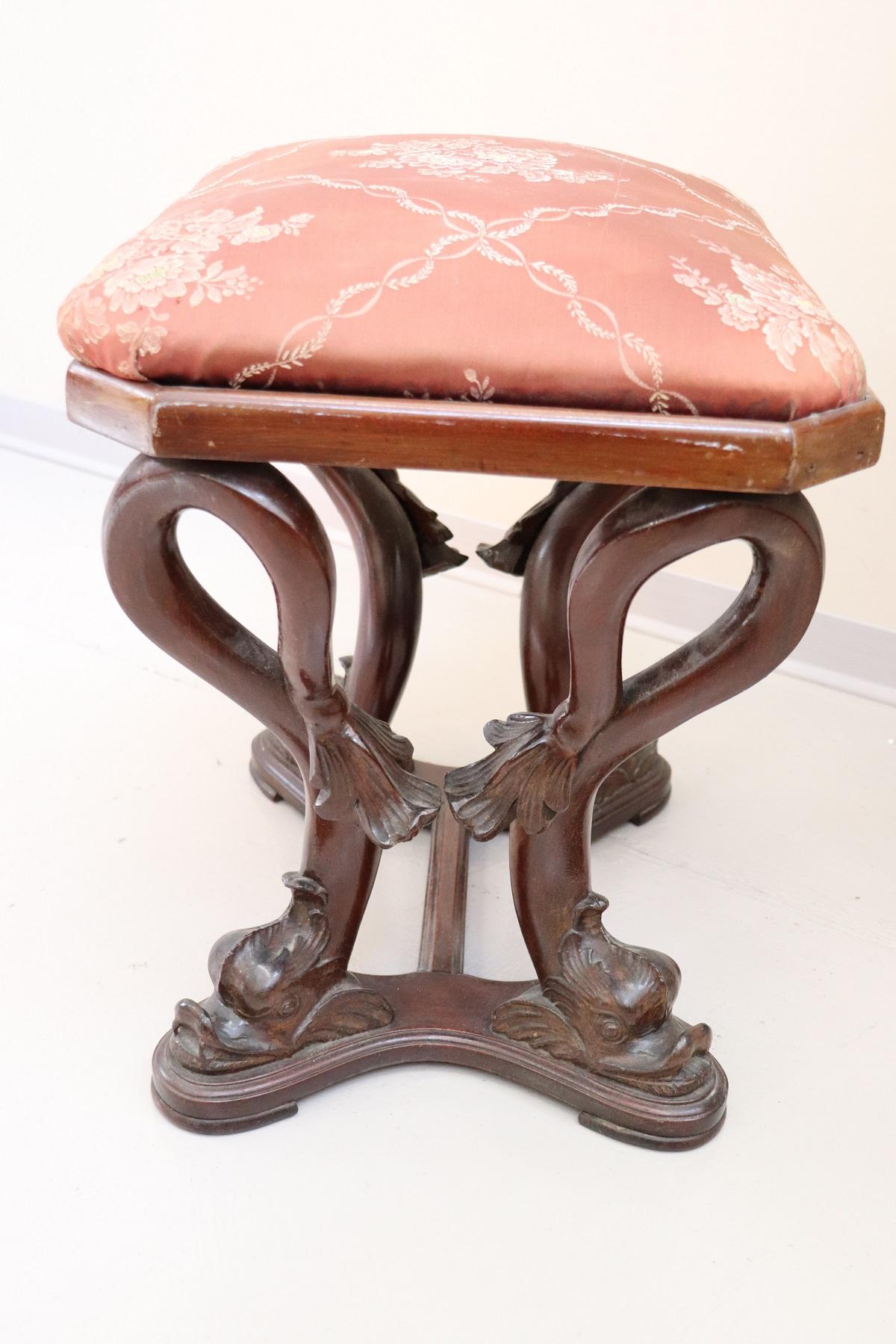 19th Century Italian Mahogany Carved Marble Top Console Table with Two Stools 10