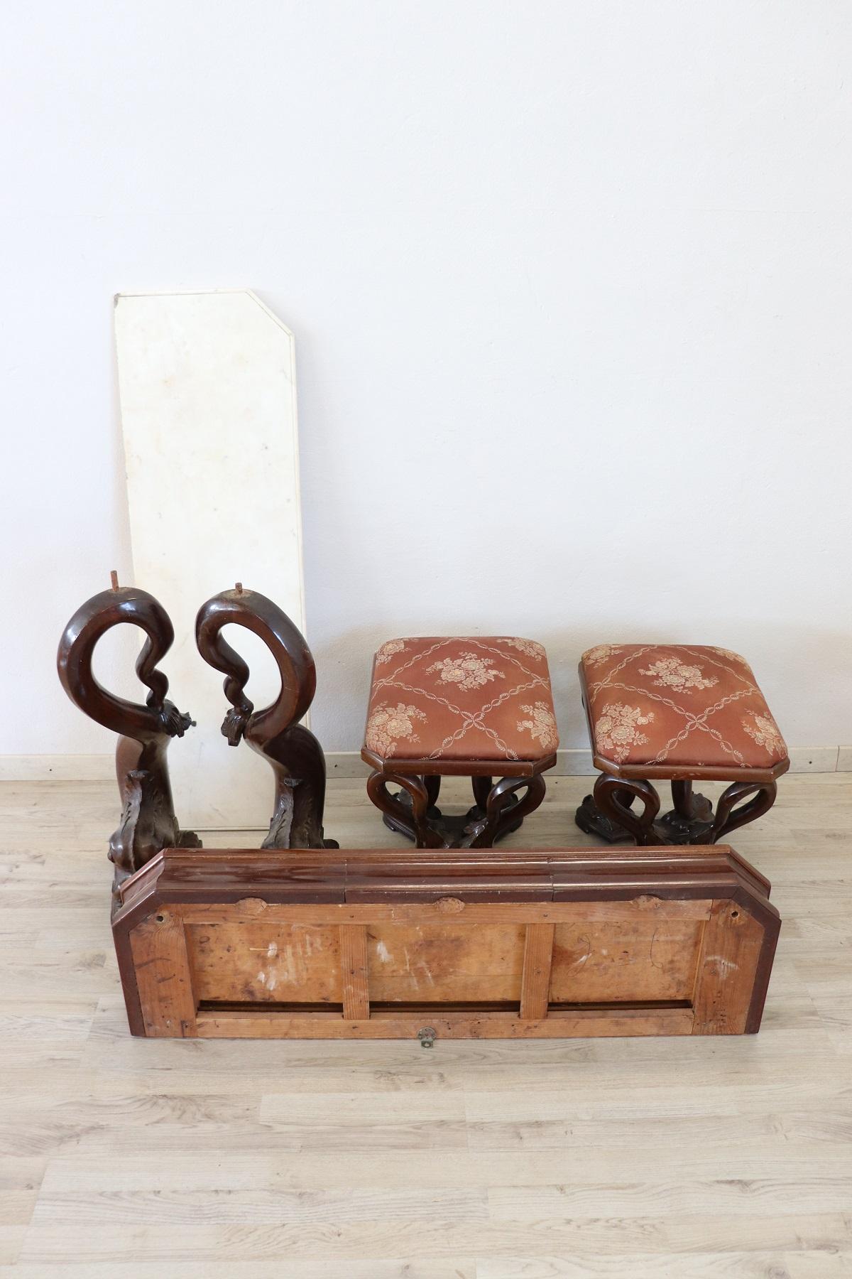 Italian antique console table with two stools, 1825 Charles X. Characterized by precious mahogany carved. Impossible to describe the precious work in carved wood. Please look carefully at all the images to understand the high quality of this piece