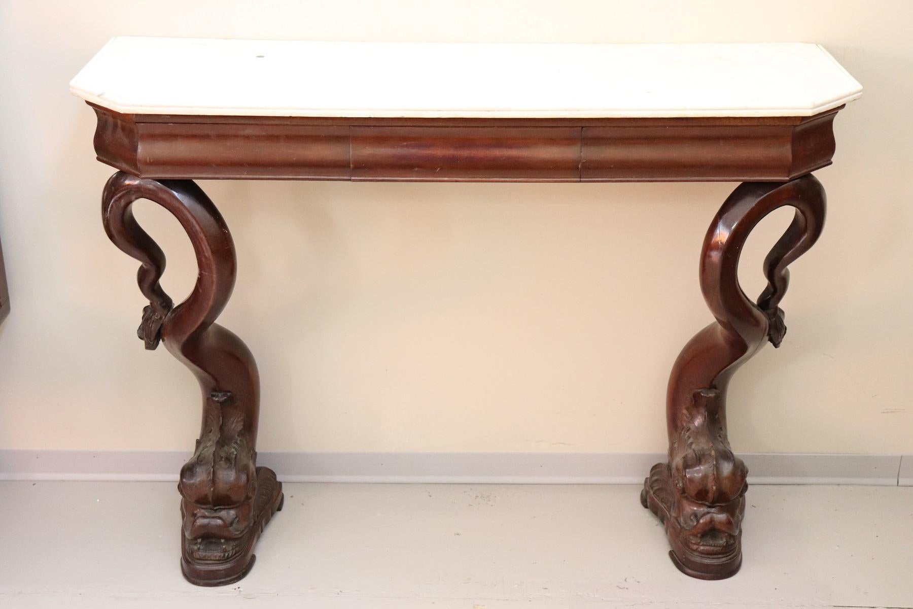 Charles X 19th Century Italian Mahogany Carved Marble Top Console Table with Two Stools