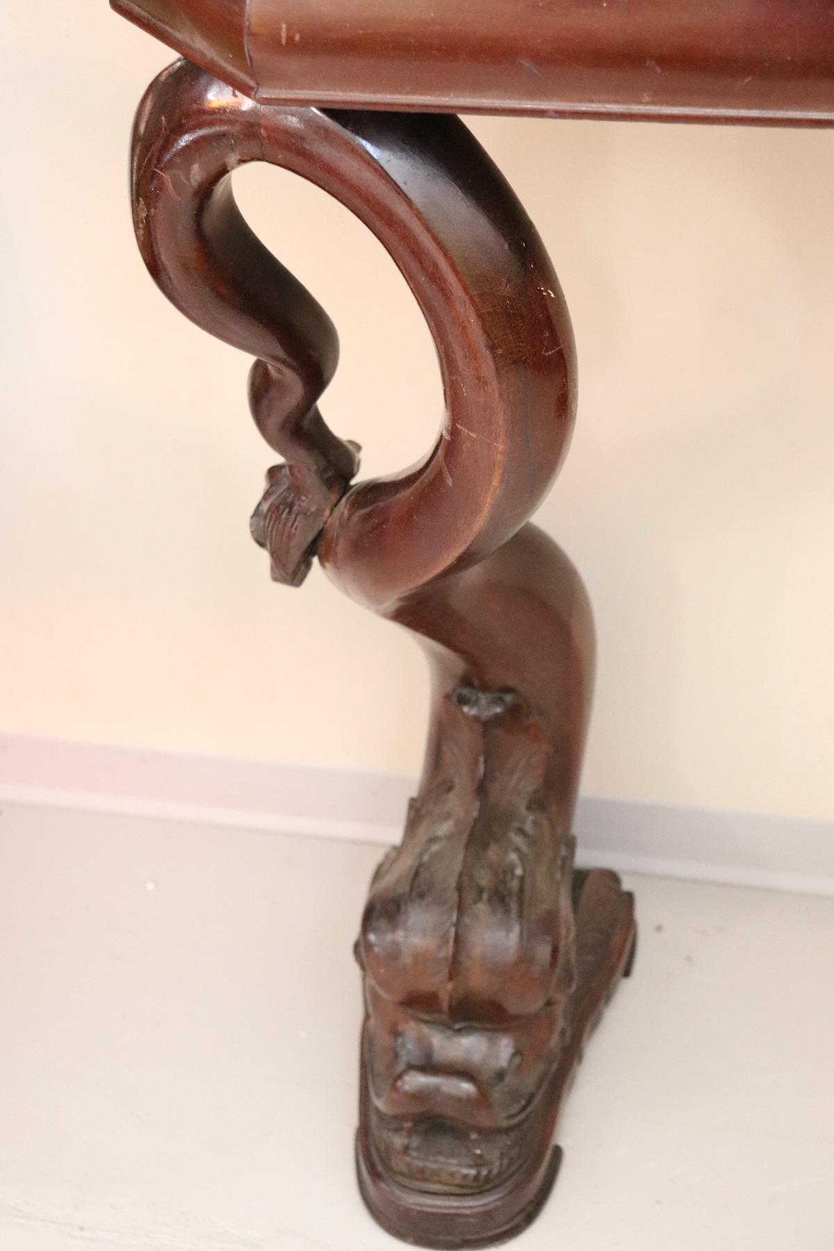 Early 19th Century 19th Century Italian Mahogany Carved Marble Top Console Table with Two Stools
