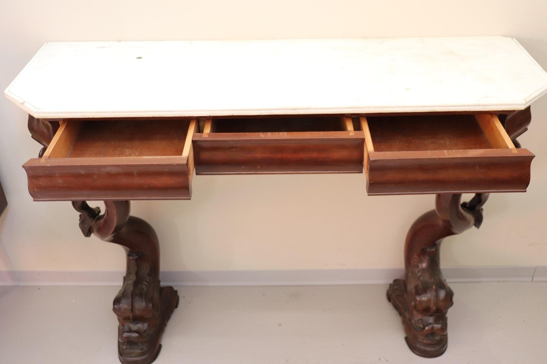19th Century Italian Mahogany Carved Marble Top Console Table with Two Stools 3