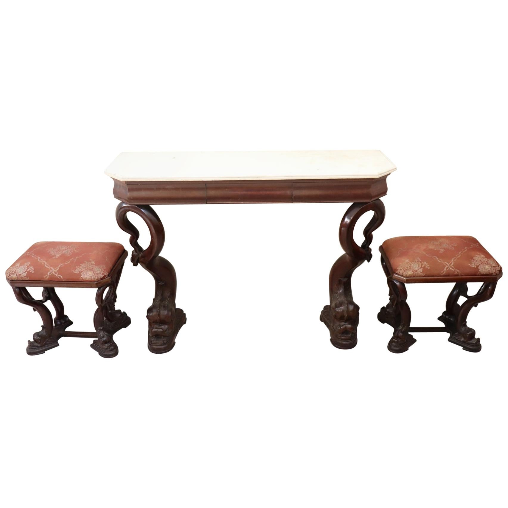 19th Century Italian Mahogany Carved Marble Top Console Table with Two Stools