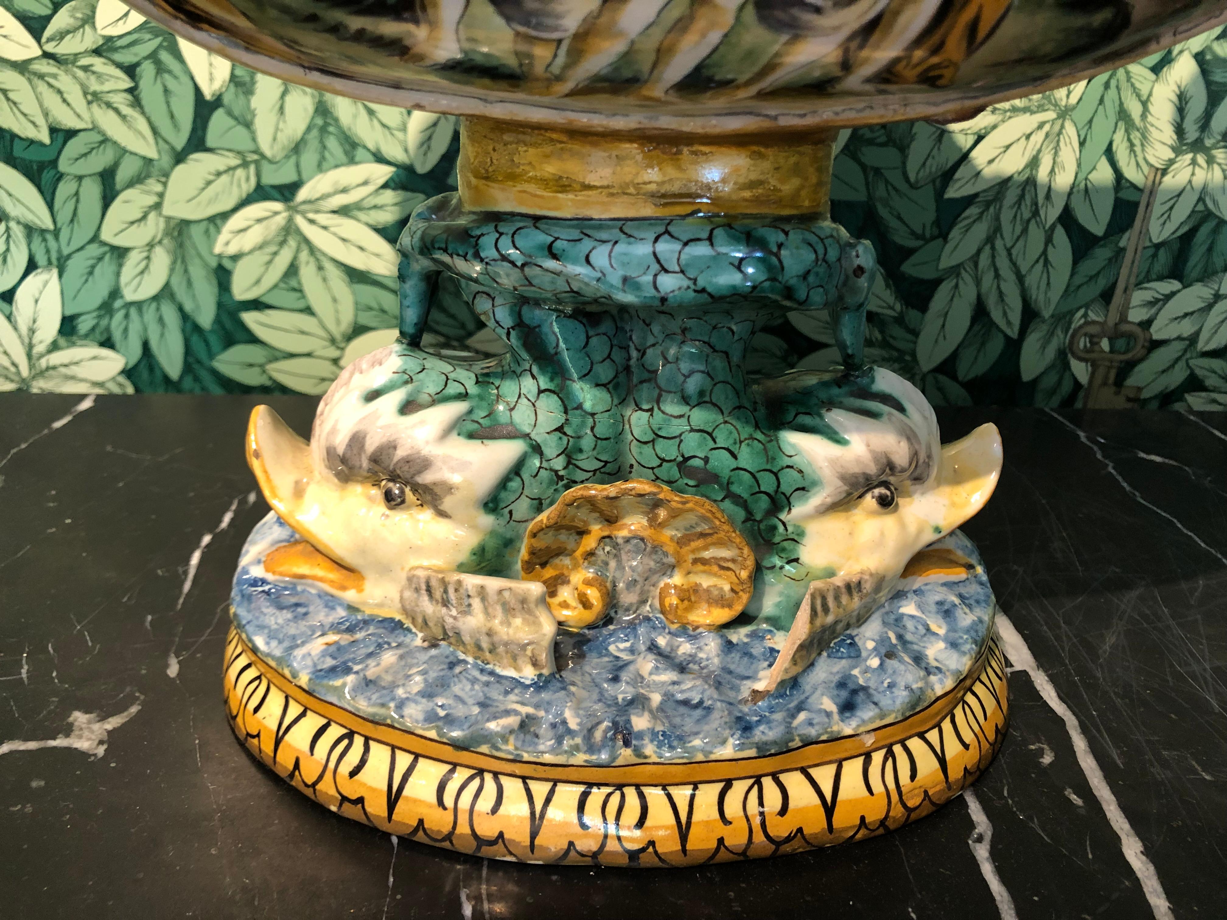 19th Century Italian Majolica Centrepiece Urn with Mythological Scenes For Sale 6