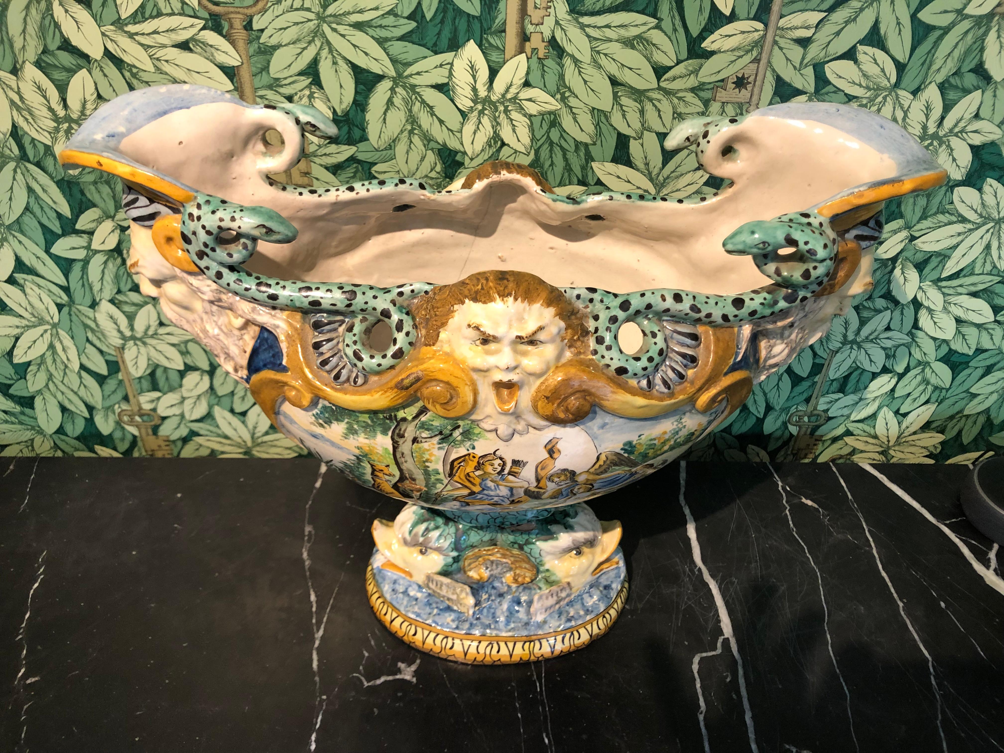 Late 19th Century 19th Century Italian Majolica Centrepiece Urn with Mythological Scenes For Sale