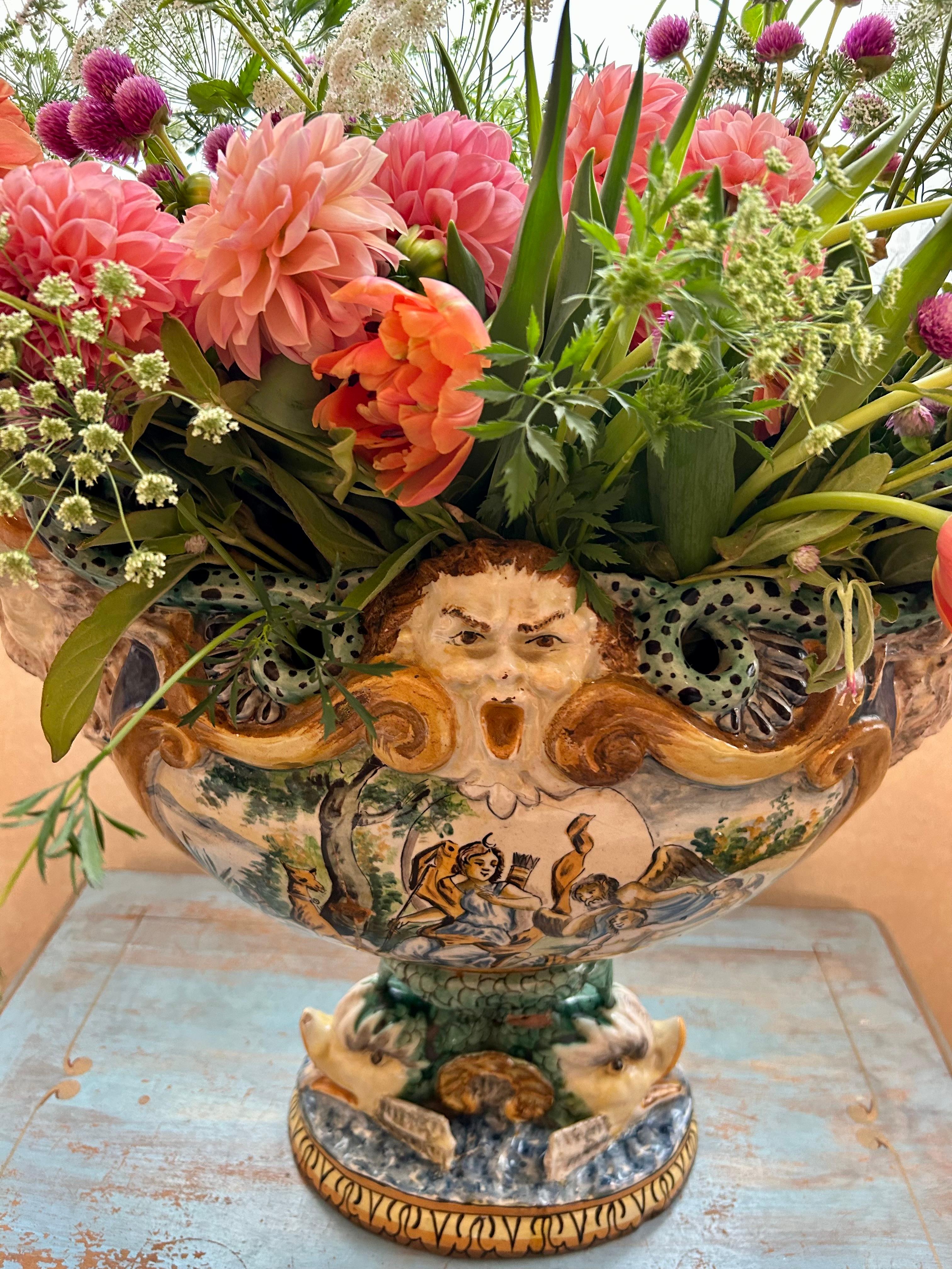 Renaissance 19th Century Italian Majolica Centrepiece Urn with Mythological Scenes For Sale