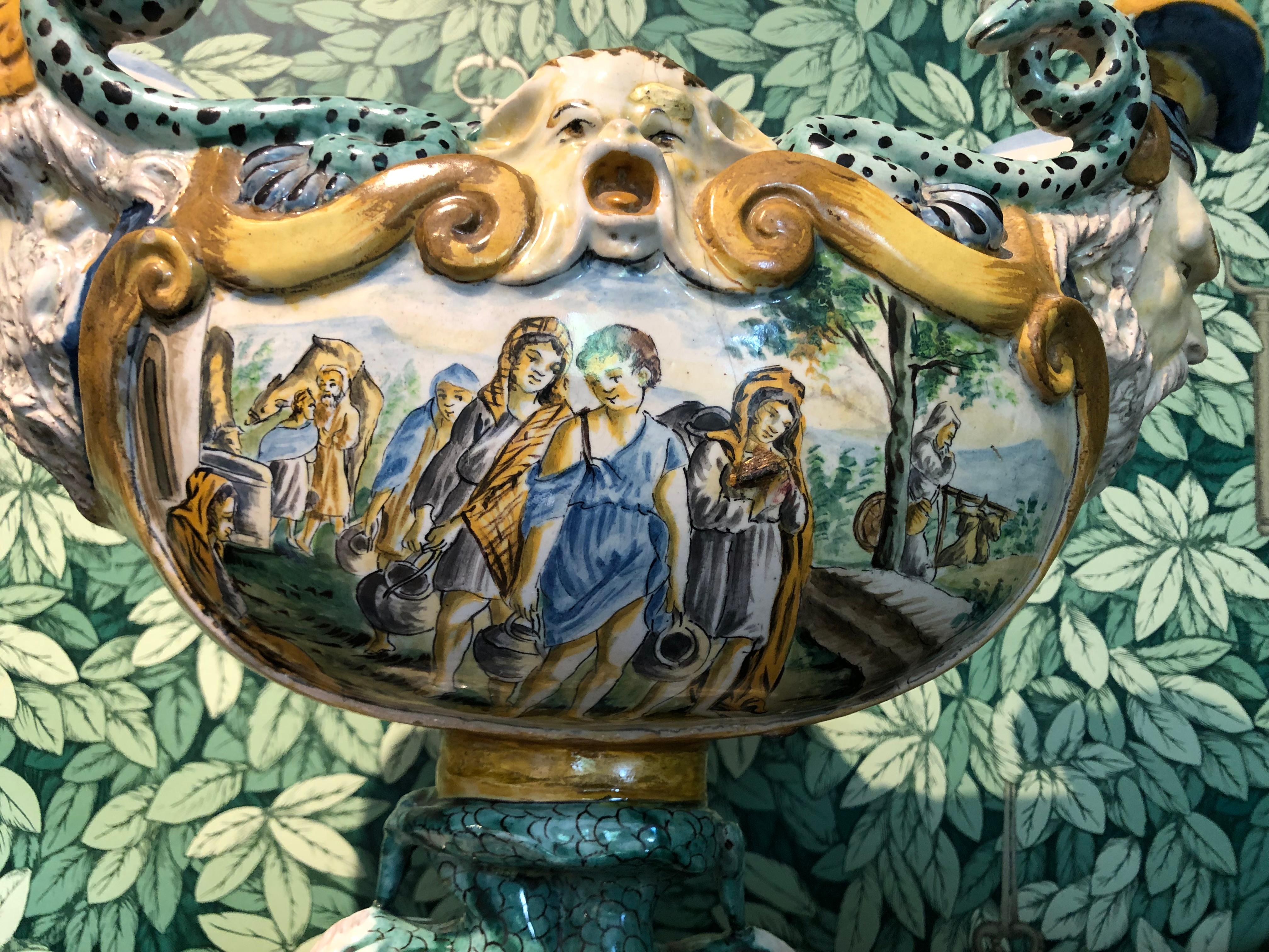 19th Century Italian Majolica Centrepiece Urn with Mythological Scenes For Sale 2