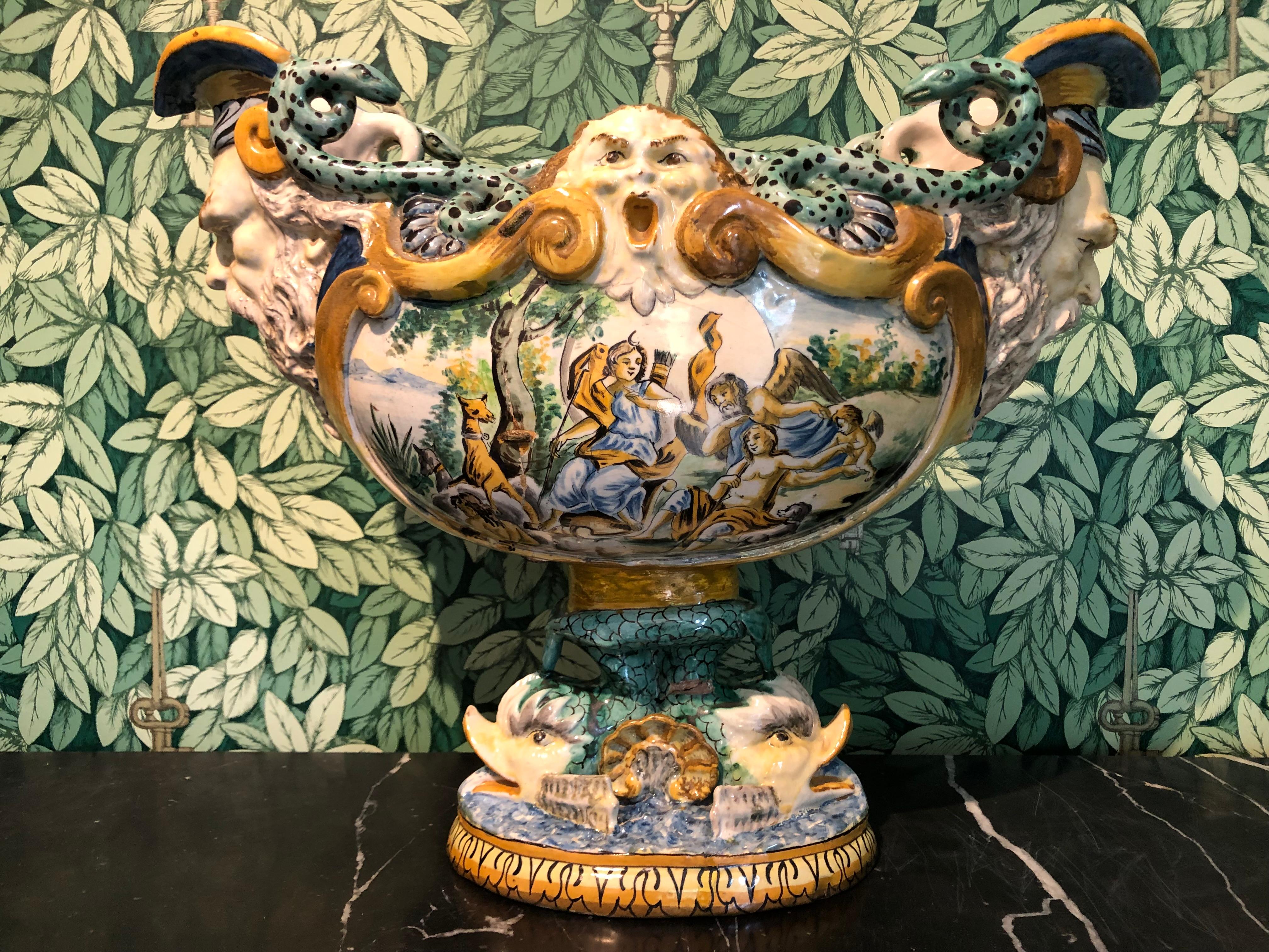 19th Century Italian Majolica Centrepiece Urn with Mythological Scenes For Sale 5