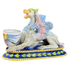19th Century, Italian Majolica Dragon Stand – Polychrome Glaze, Putto Portrait