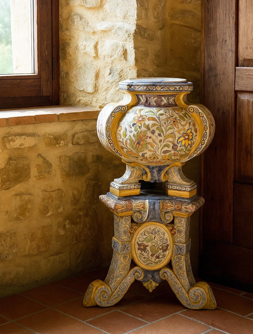 Jardinière et support en majolique italienne dans le style de Giorgio Andreoli (1470-1555). Décorée dans le style de la Renaissance avec des arabesques, des graffitis et des fleurs en diverses couleurs polychromes sur un fond blanc. La jardinière en