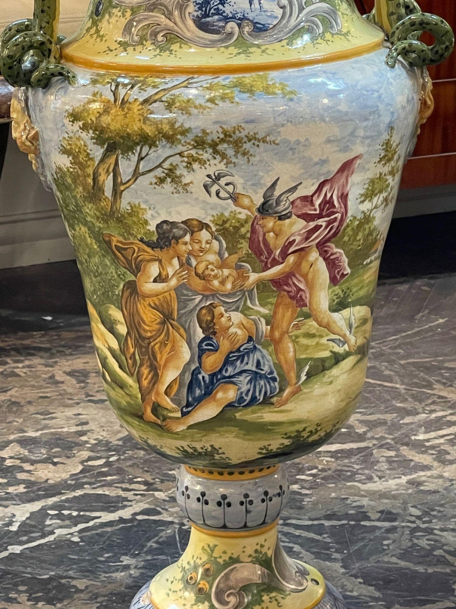 19th Century Italian Majolica Palace Size Vases In Good Condition In Dallas, TX