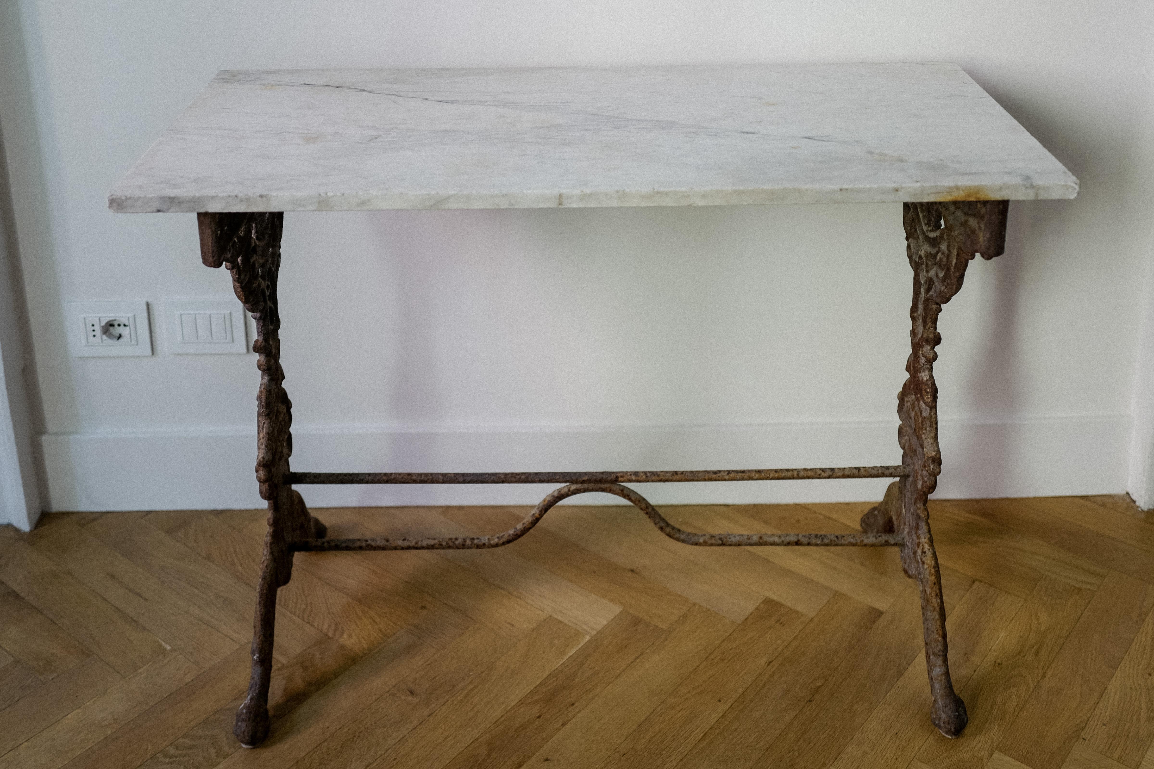 Italian cararra marble and iron console 19th Century from Lucca, Italy. Iron has some rust and bottom of marble does as well due to being outside but overall it is just gorgeous. Could be used inside or outside as a console or as a serving table. 