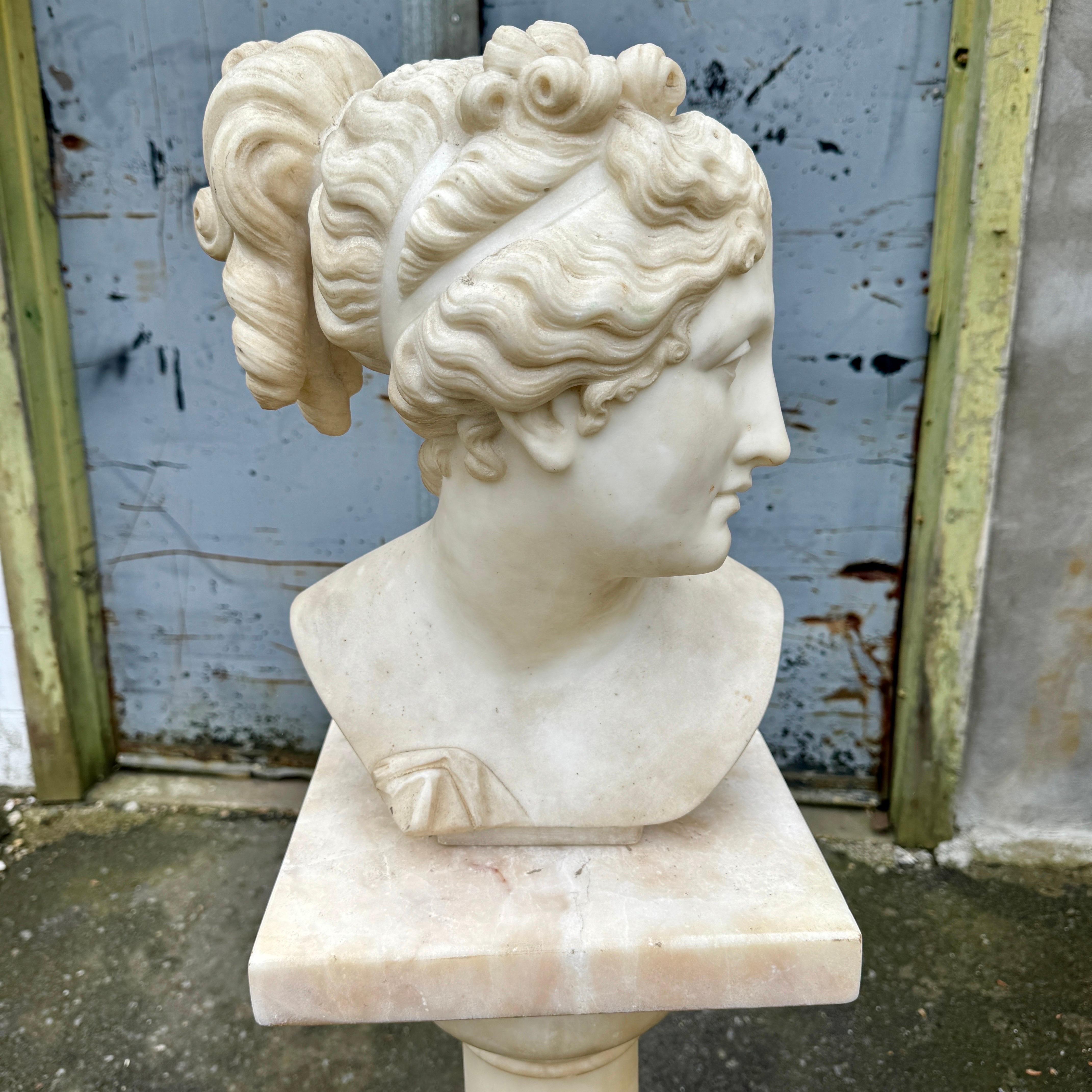 Hand-Crafted 19th Century Italian Marble Bust on Column Pedestal Base For Sale