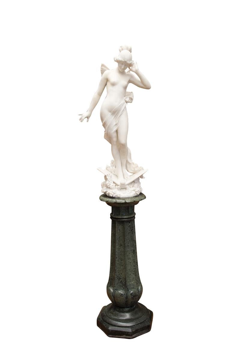A very fine 19th century Italian white marble figure of a Nymph on a butterfly 

By A. Batacchi 

Florence, circa 1890 

Exquisitely carved depicting a winged nude nymph standing on a large butterfly base with floral arrangements. Her body