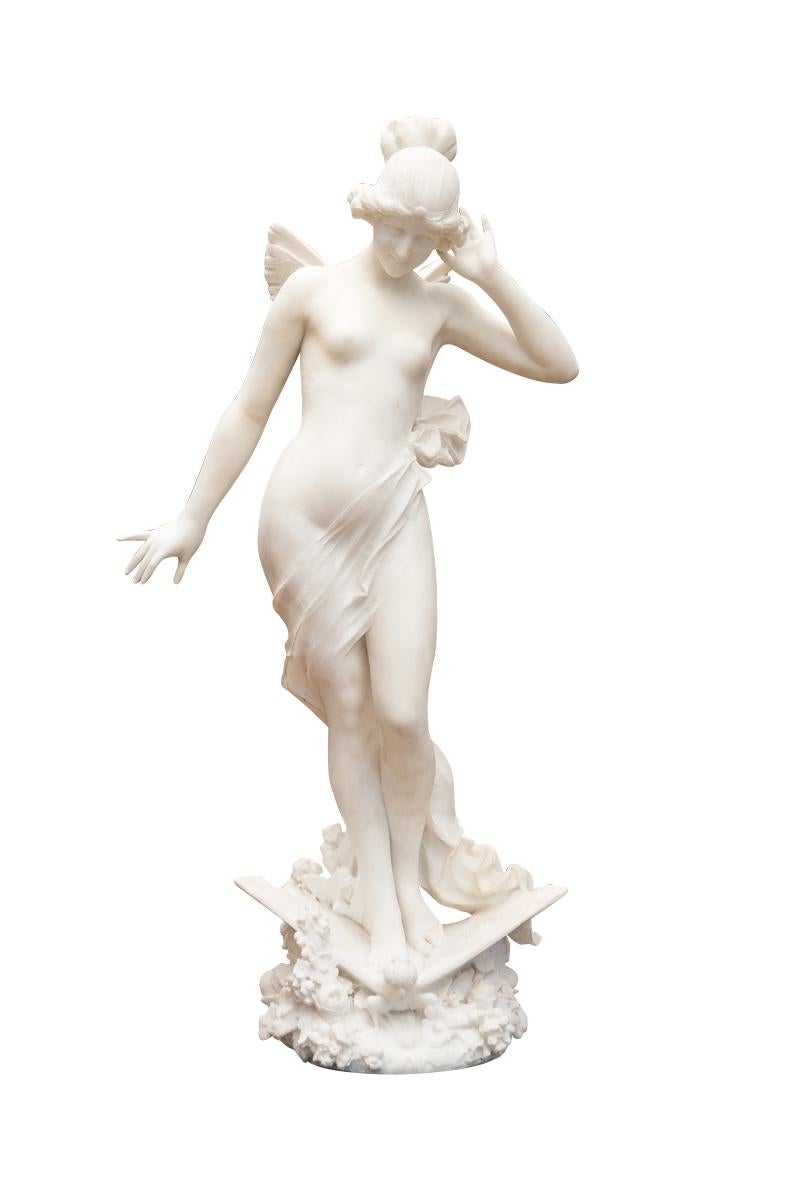 Hand-Carved 19th Century Italian Marble Figure of a Nymph on a Butterfly A. Batacchi