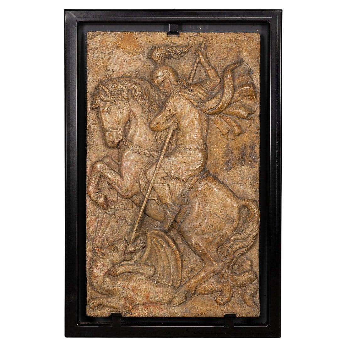 19th Century Italian Marble Plaque of George Slaying the Dragon, C.1870 For Sale